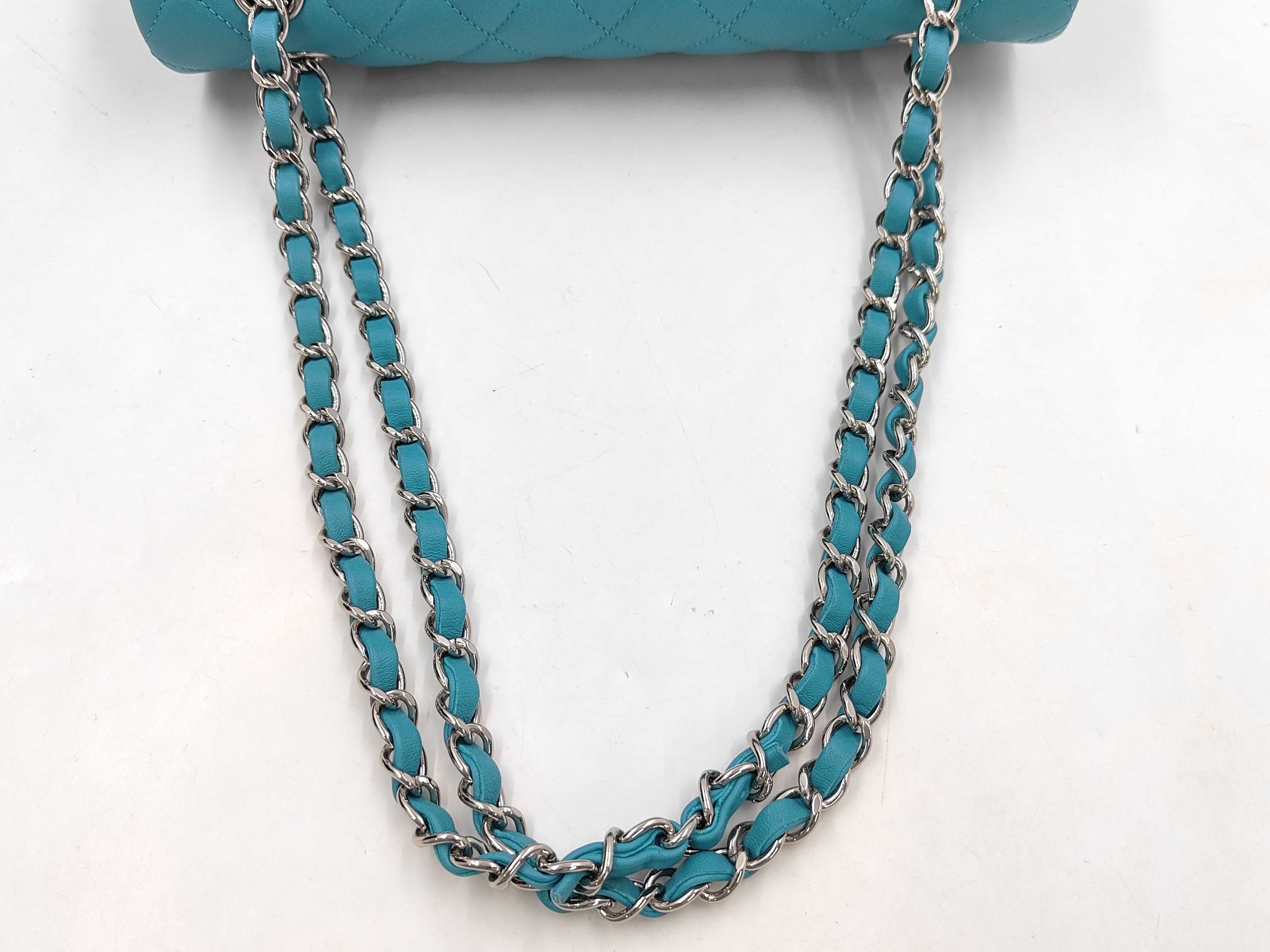 Lambskin Matelassé Double Flap Double Chain Shoulder Bag (Blue) — view 3