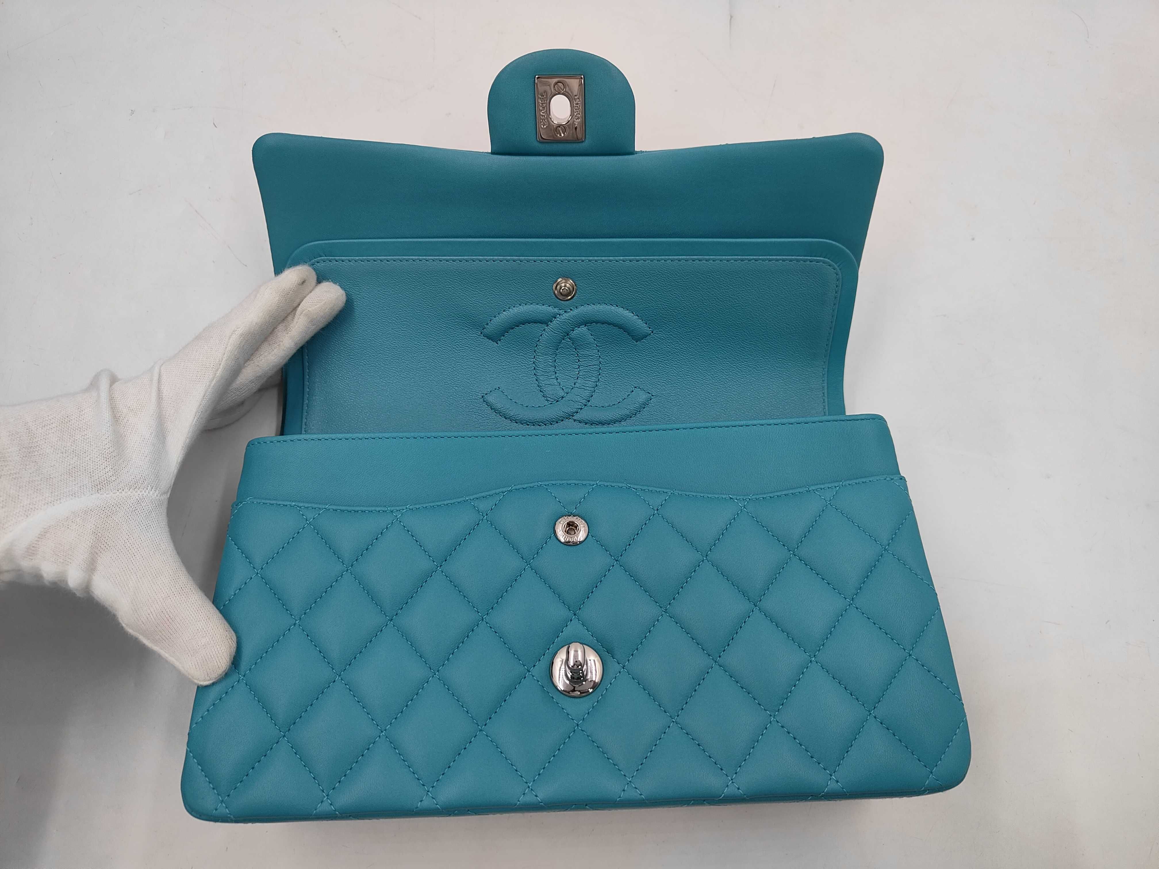 Lambskin Matelassé Double Flap Double Chain Shoulder Bag (Blue) — view 7