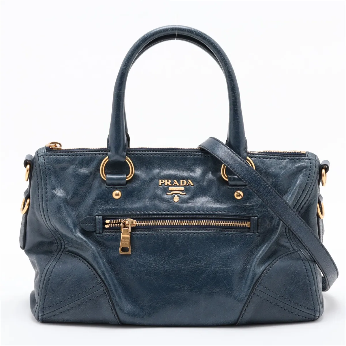 Vitello Shine BL0728 Leather 2-Way Handbag, Blue, Unsigned Guarantee Card