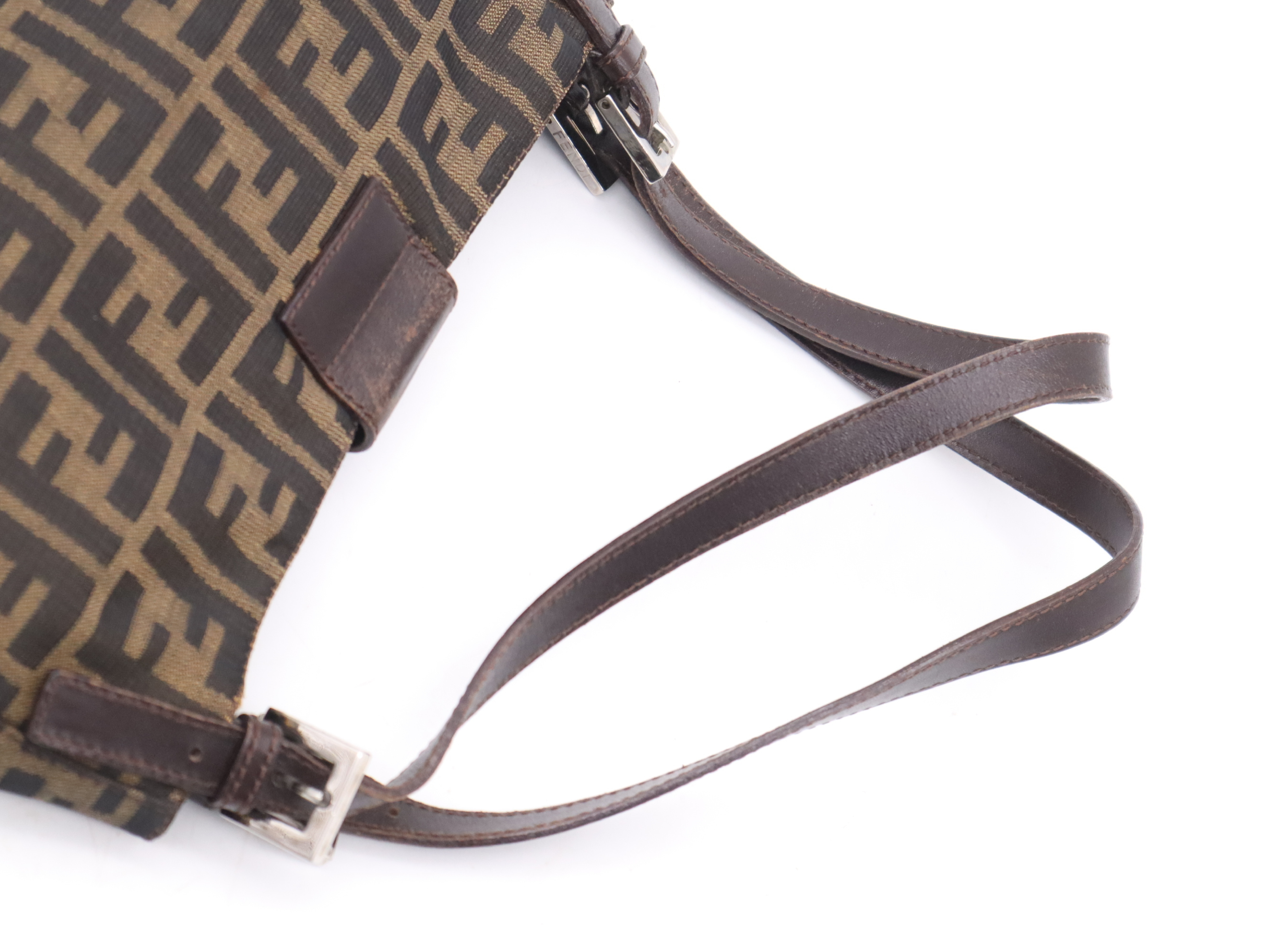 Canvas x Leather Zucca Brown Shoulder Bag with Silver Hardware — view 6