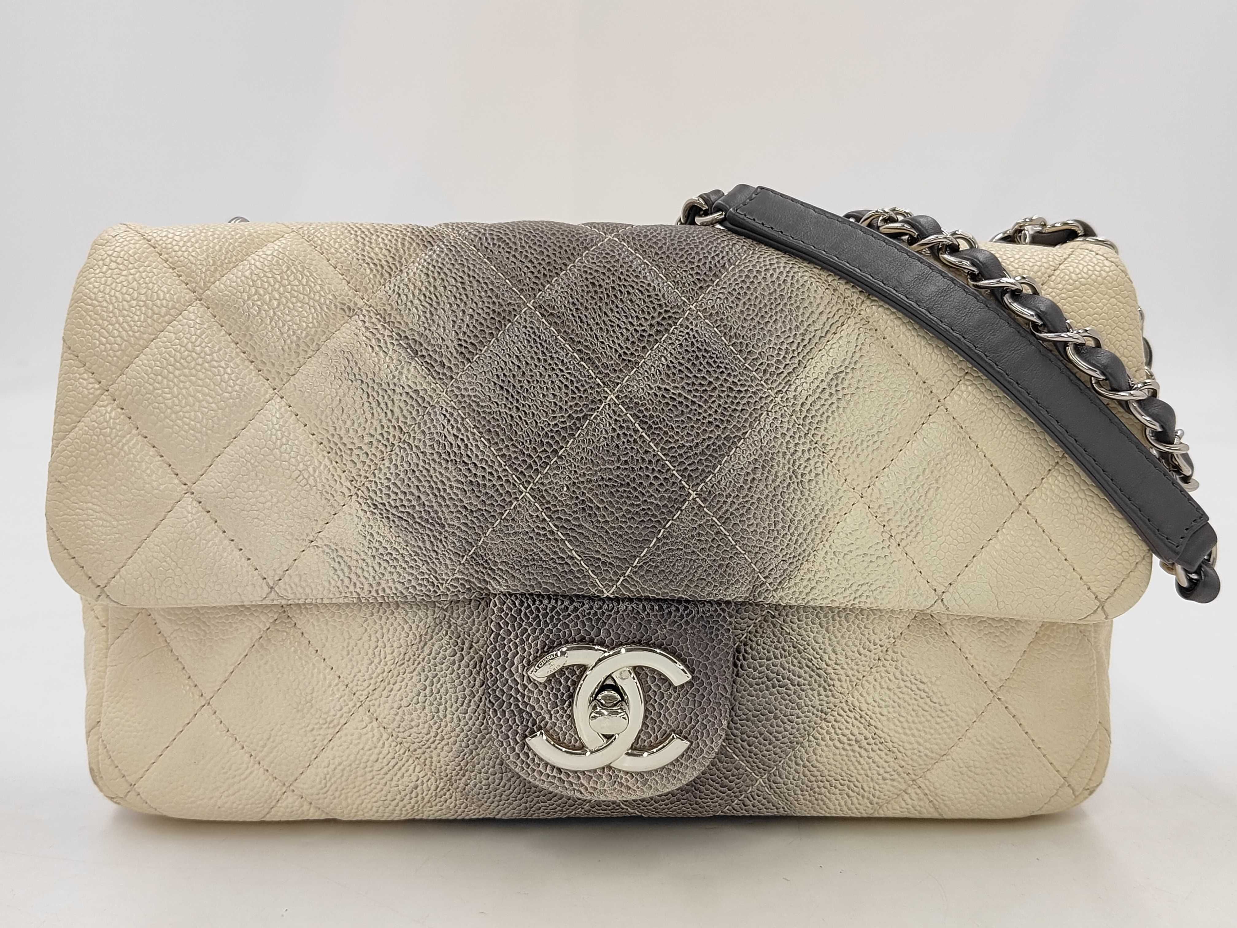 Caviar Skin Matelassé Bicolor S-Flap Double Chain Shoulder Bag with Silver Hardware, Ivory and Black, Seal 17753840