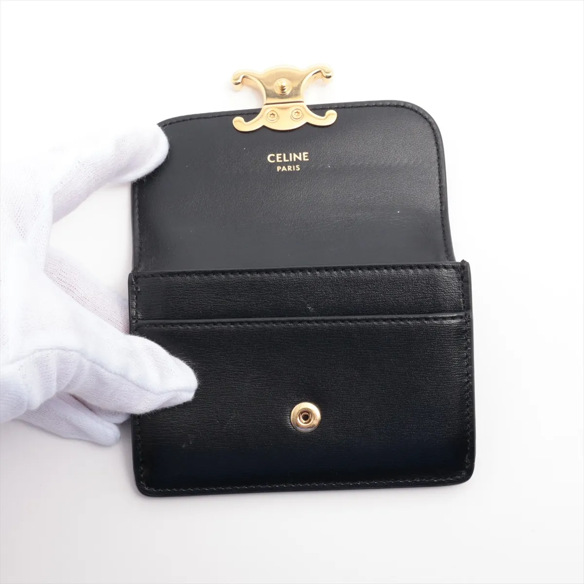 Triomphe Leather Card Case, Black — view 3