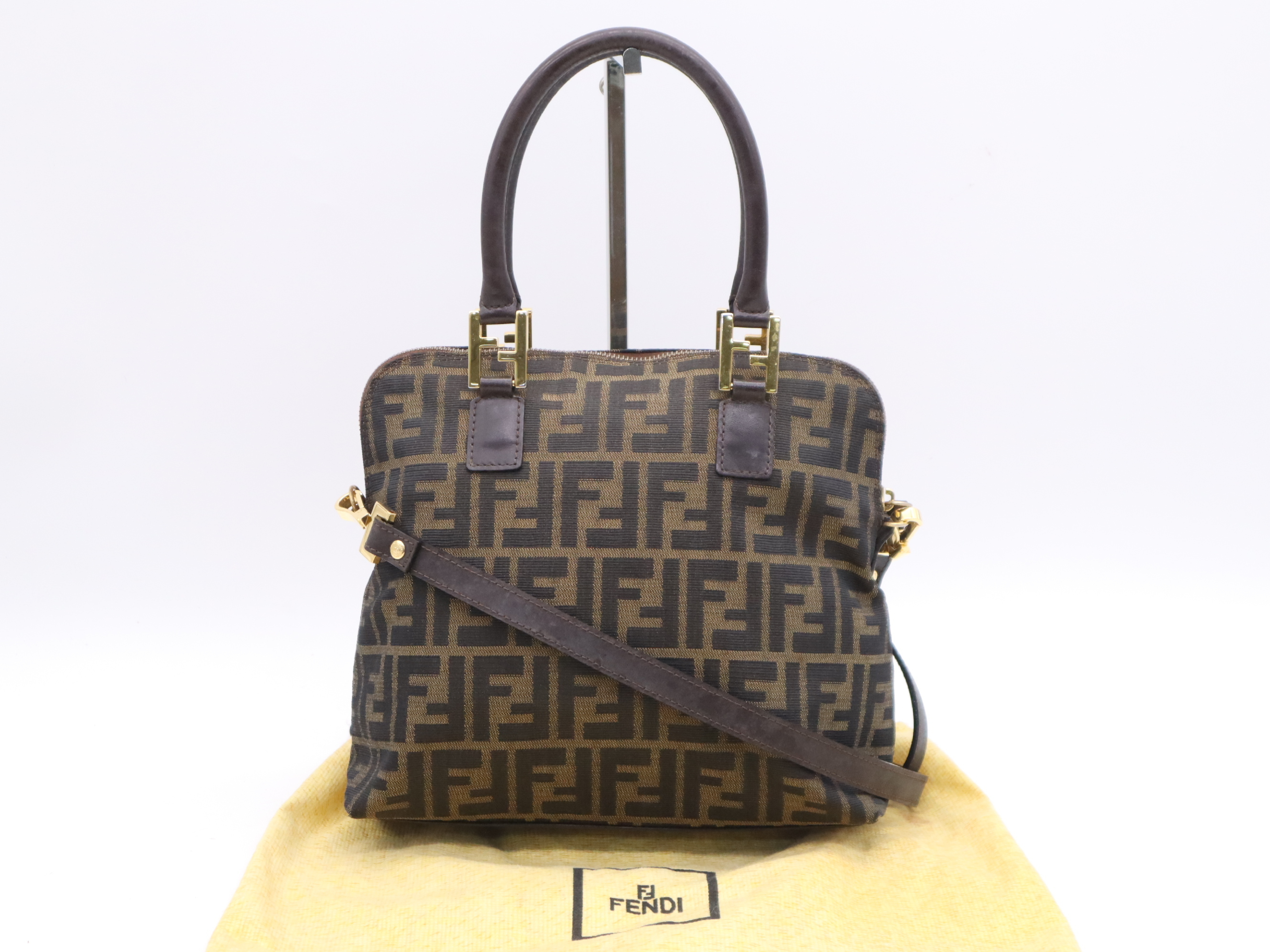 Canvas x Leather Zucca 2-Way Handbag in Brown with Gold Hardware, Shoulder Strap, and Dust Bag.