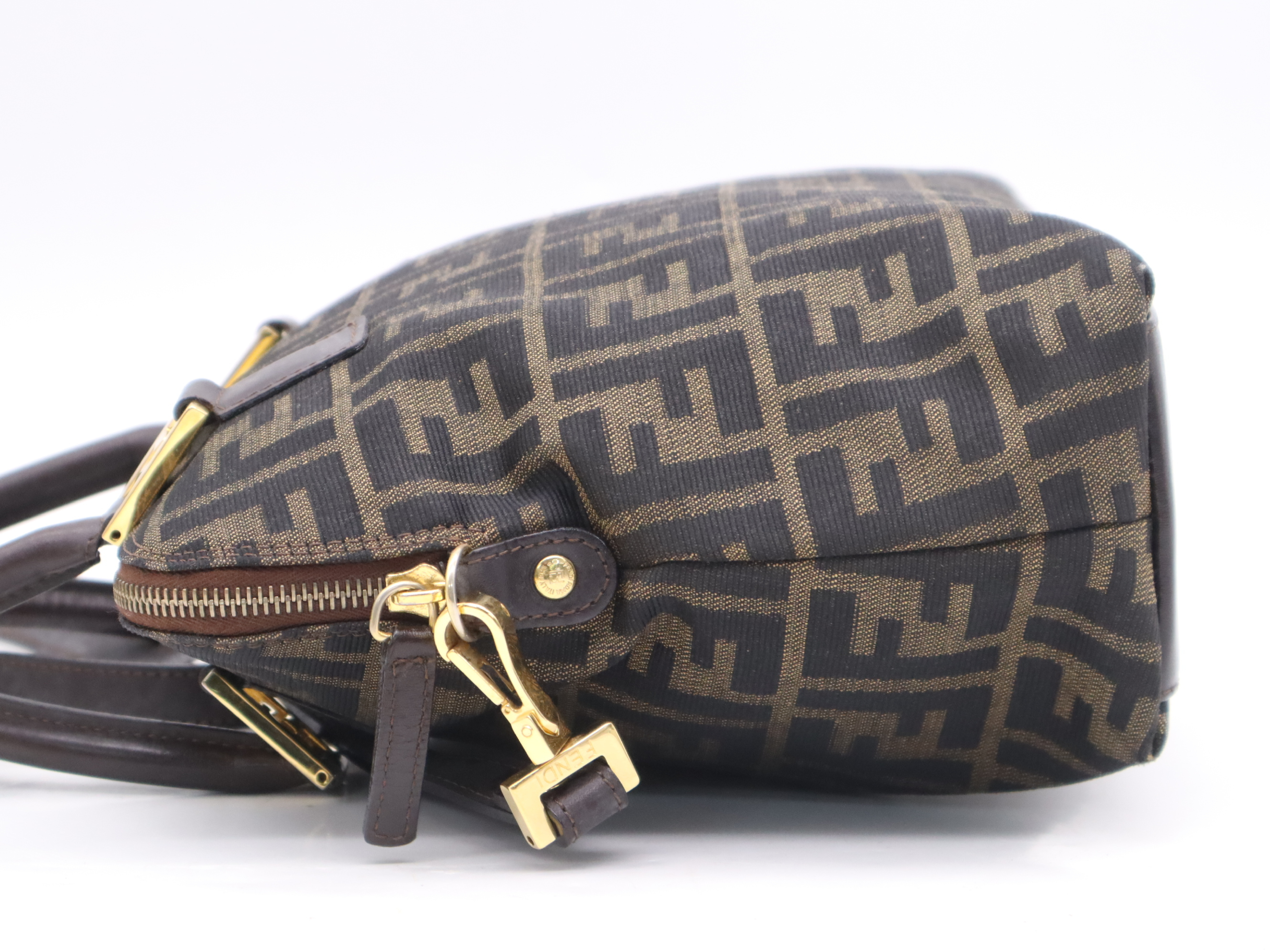 Canvas x Leather Zucca 2-Way Handbag in Brown with Gold Hardware, Shoulder Strap, and Dust Bag. — view 3