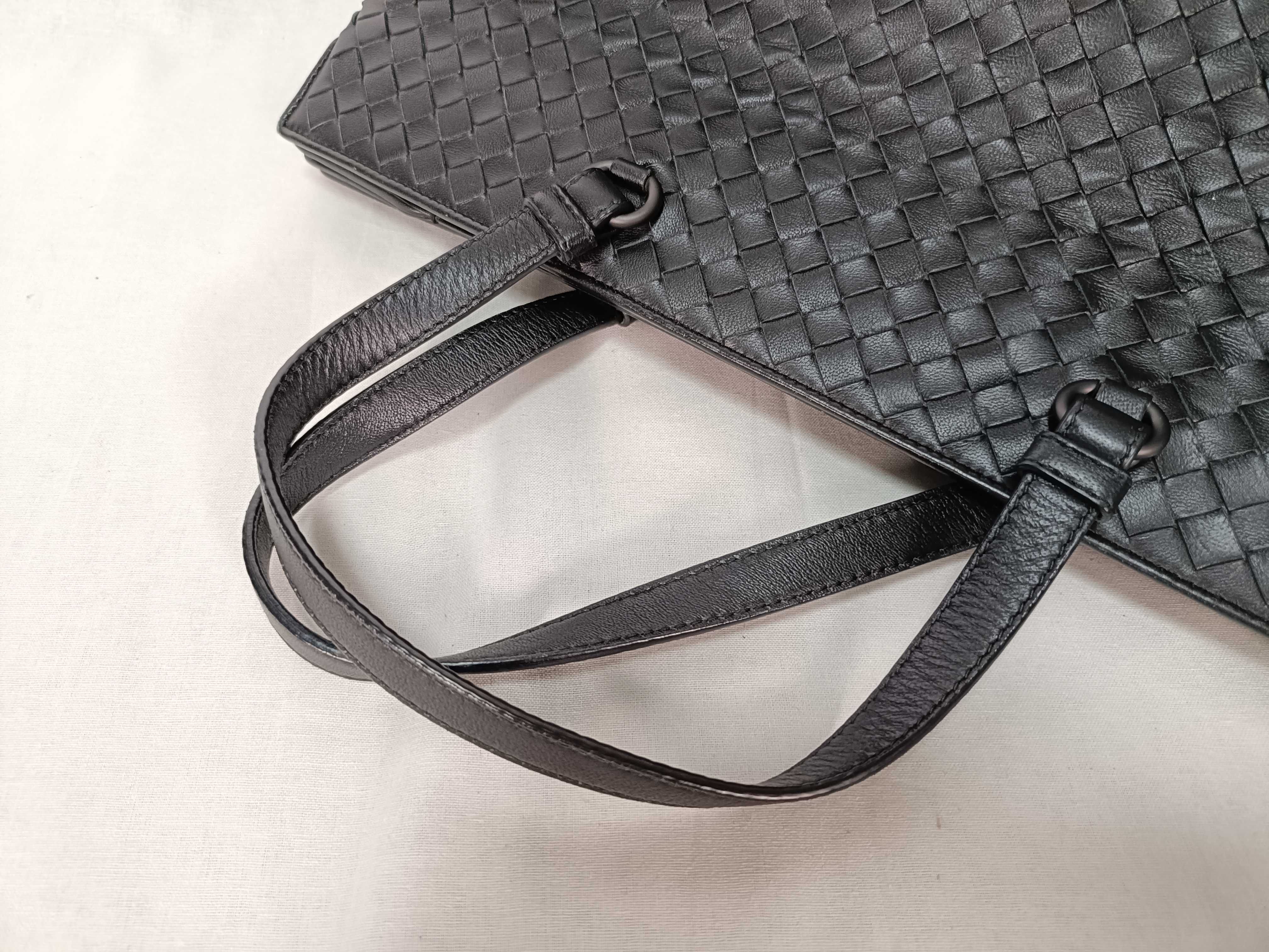 Intrecciato Leather Tote Bag, Black — view 6