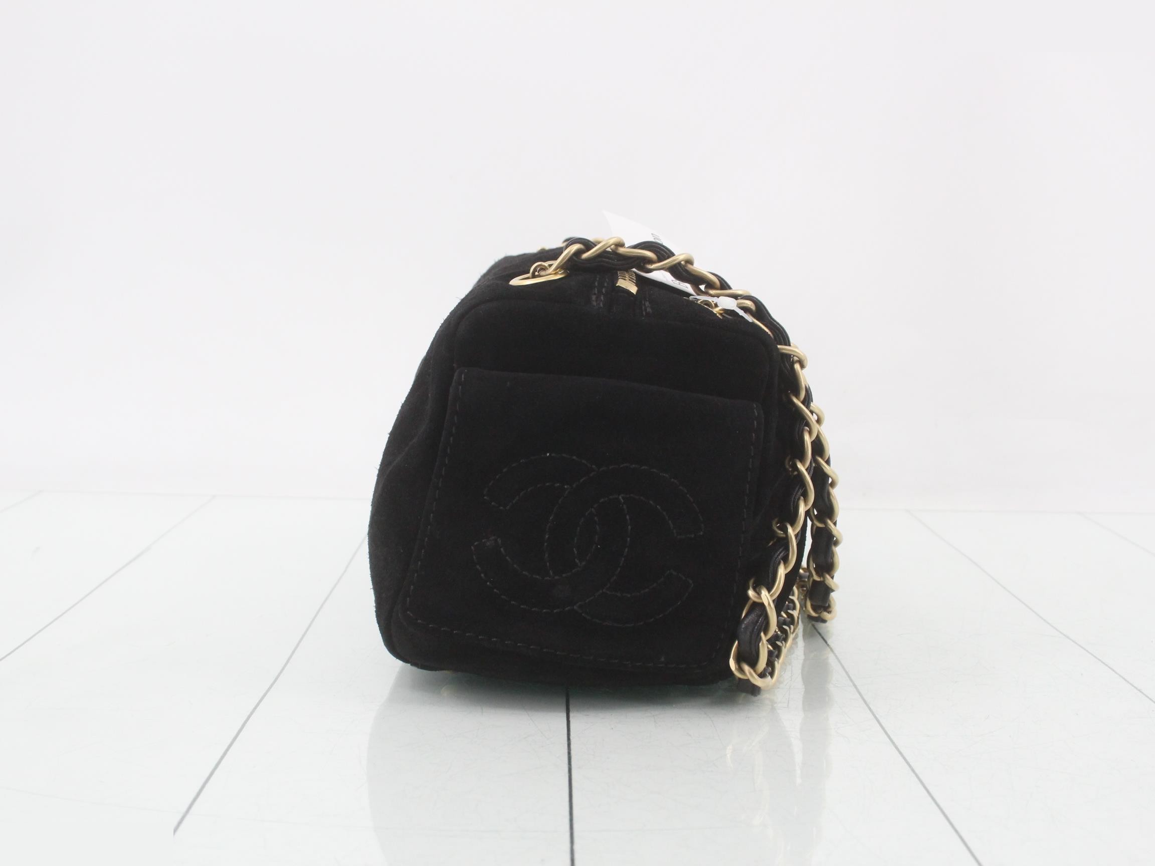 Suede Coco Mark Chain Semi-Shoulder Bag, Black — view 3