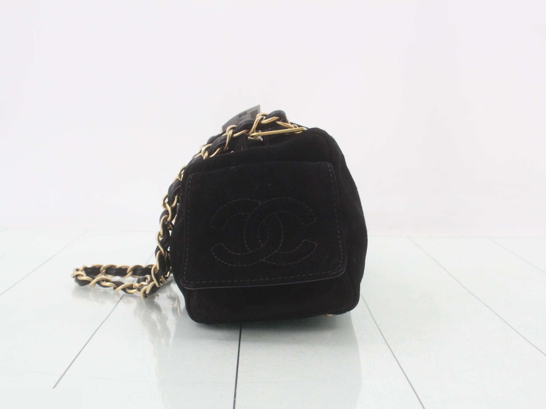 Suede Coco Mark Chain Semi-Shoulder Bag, Black — view 4