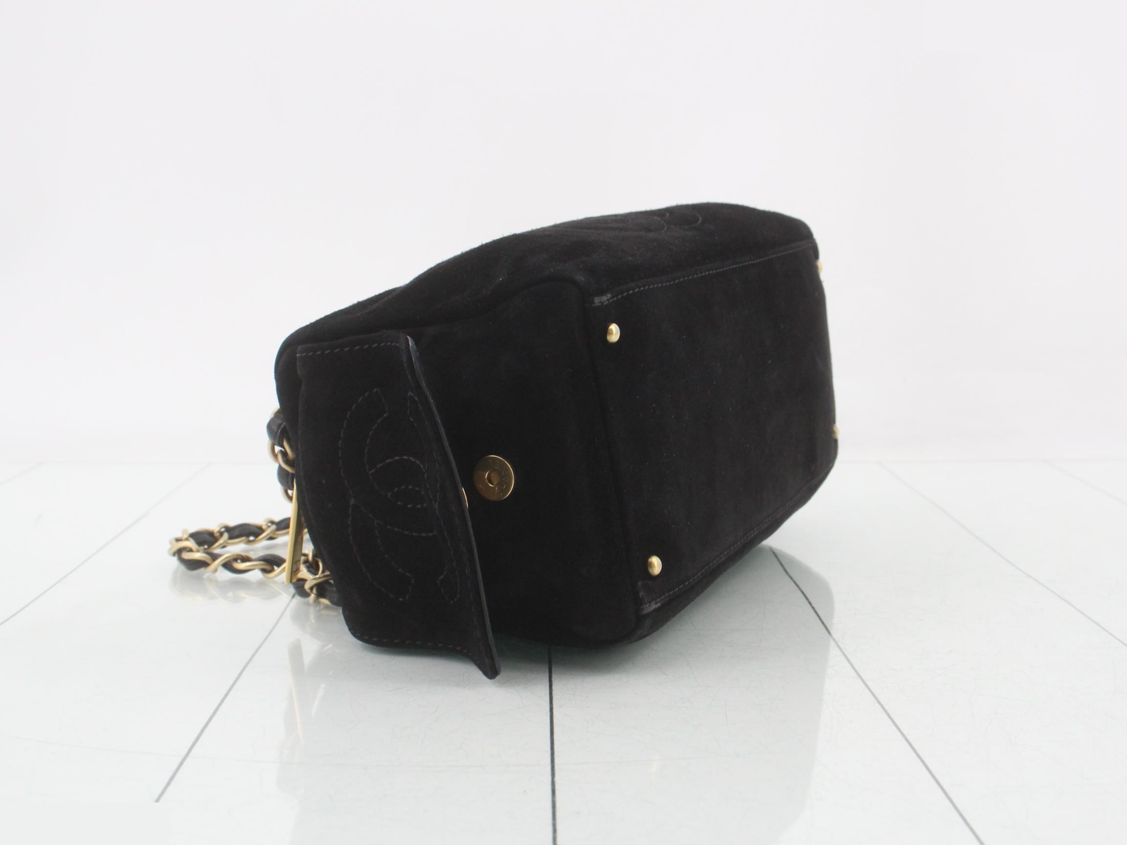Suede Coco Mark Chain Semi-Shoulder Bag, Black — view 5