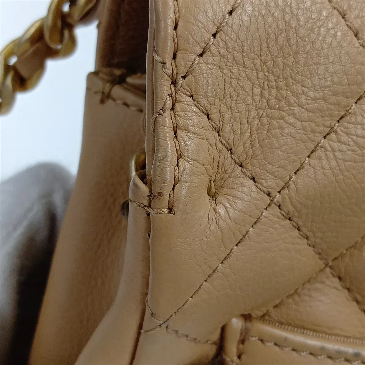 Matelassé Leather Chain Shoulder Bag, Half Moon Design, Beige, Gold Hardware, 27069017 (Serial Number 27) — view 12
