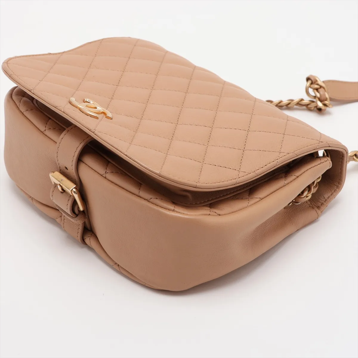 Matelassé Leather Chain Shoulder Bag, Half Moon Design, Beige, Gold Hardware, 27069017 (Serial Number 27) — view 3