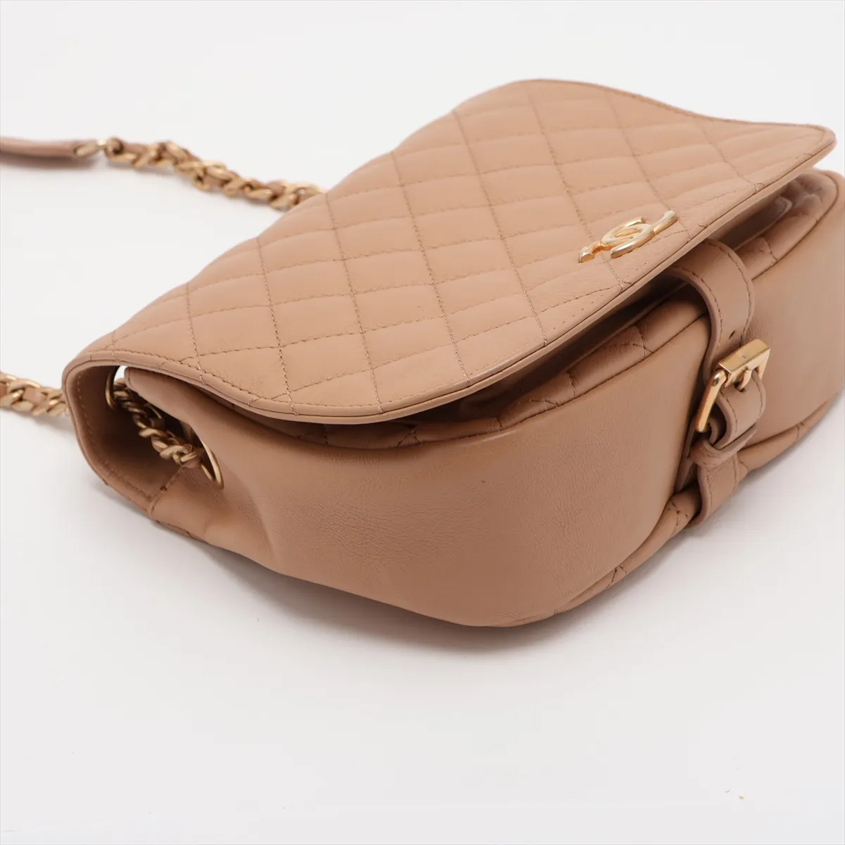 Matelassé Leather Chain Shoulder Bag, Half Moon Design, Beige, Gold Hardware, 27069017 (Serial Number 27) — view 4
