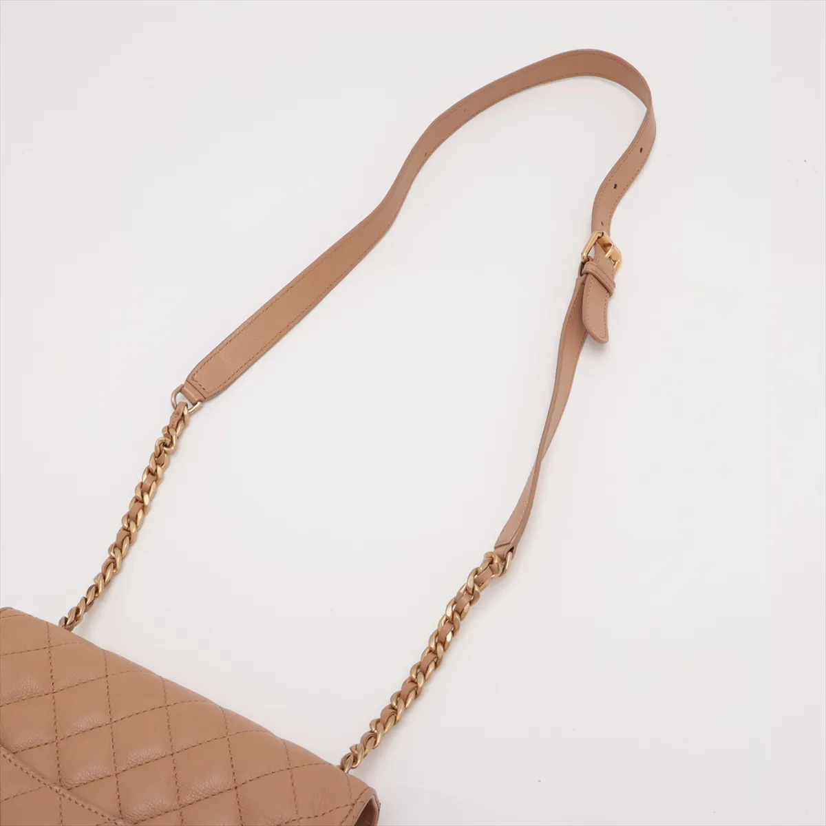 Matelassé Leather Chain Shoulder Bag, Half Moon Design, Beige, Gold Hardware, 27069017 (Serial Number 27) — view 5