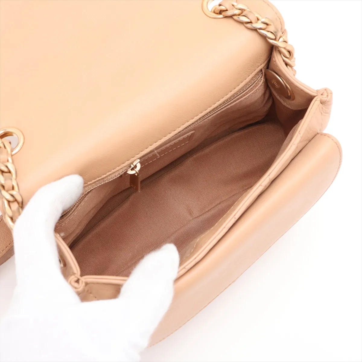 Matelassé Leather Chain Shoulder Bag, Half Moon Design, Beige, Gold Hardware, 27069017 (Serial Number 27) — view 6