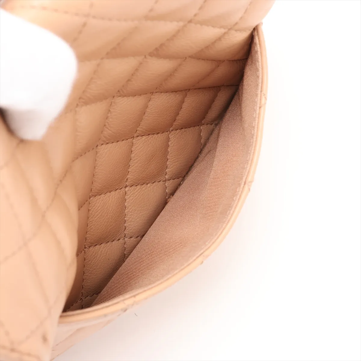 Matelassé Leather Chain Shoulder Bag, Half Moon Design, Beige, Gold Hardware, 27069017 (Serial Number 27) — view 9
