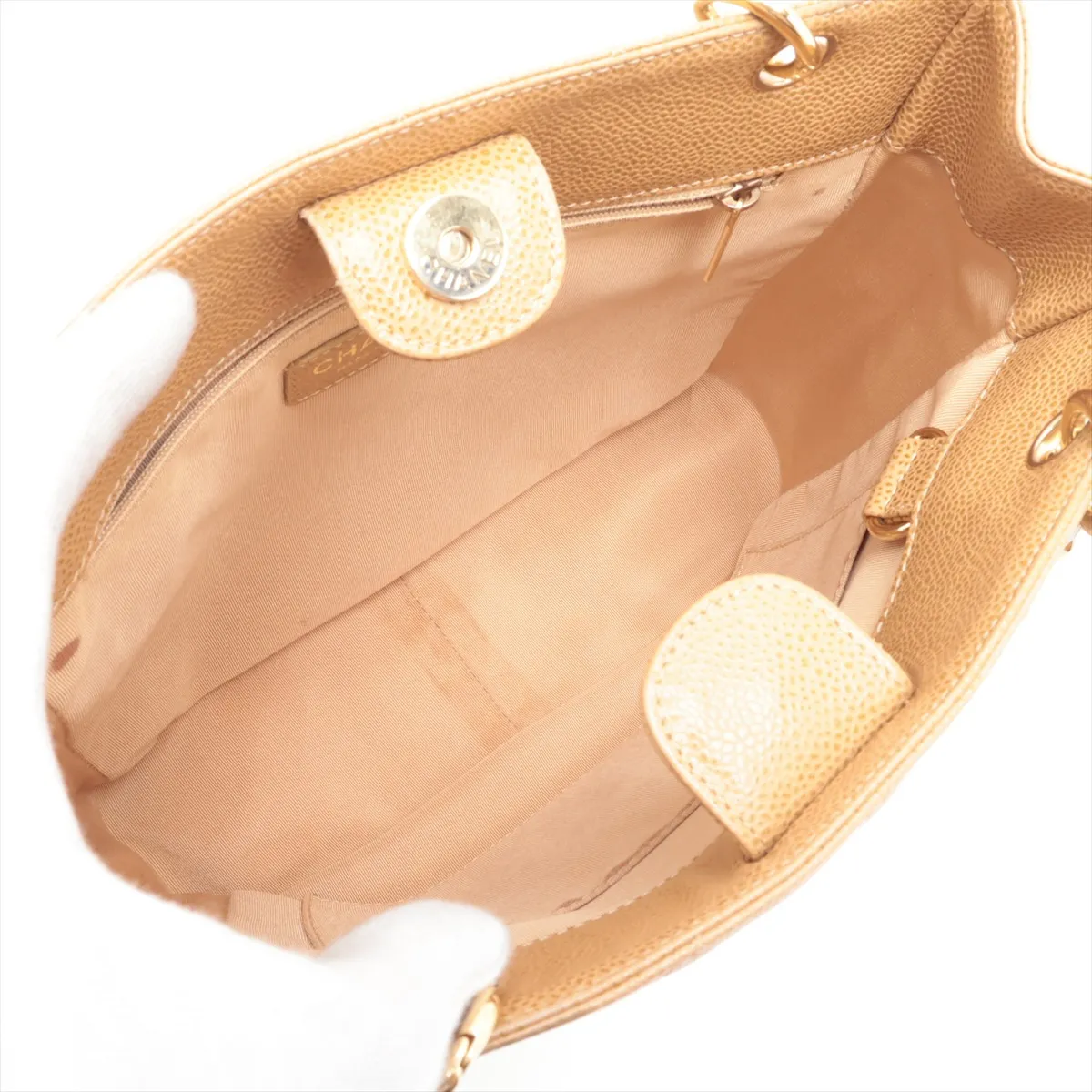 PST Caviar Skin Chain Tote Bag, Brown with Gold Hardware, 8113986 (Serial Number 8) — view 7