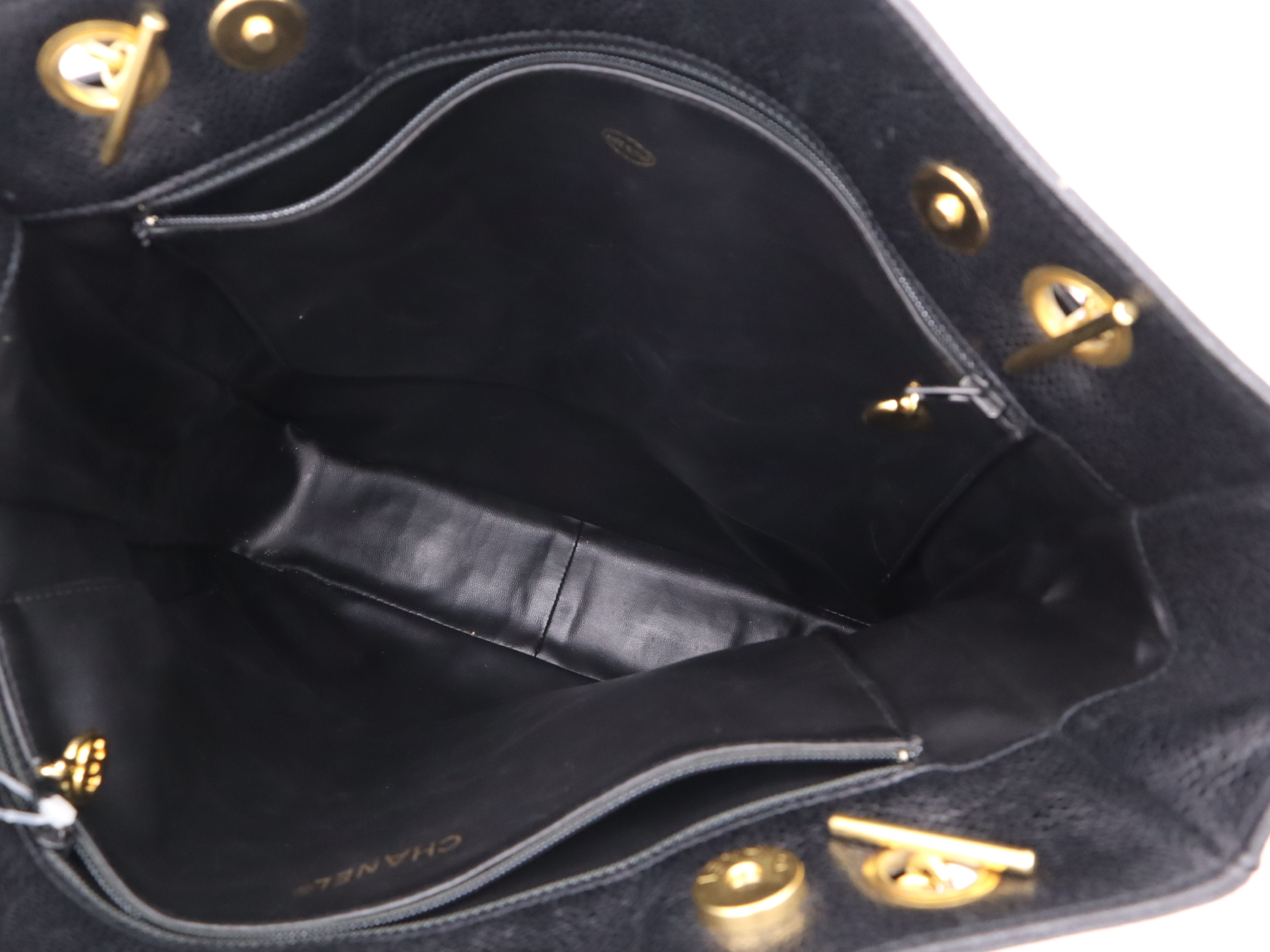 Caviar Skin Triple Coco Chain Tote Bag with Gold Hardware, Black, with seal marks. — view 12