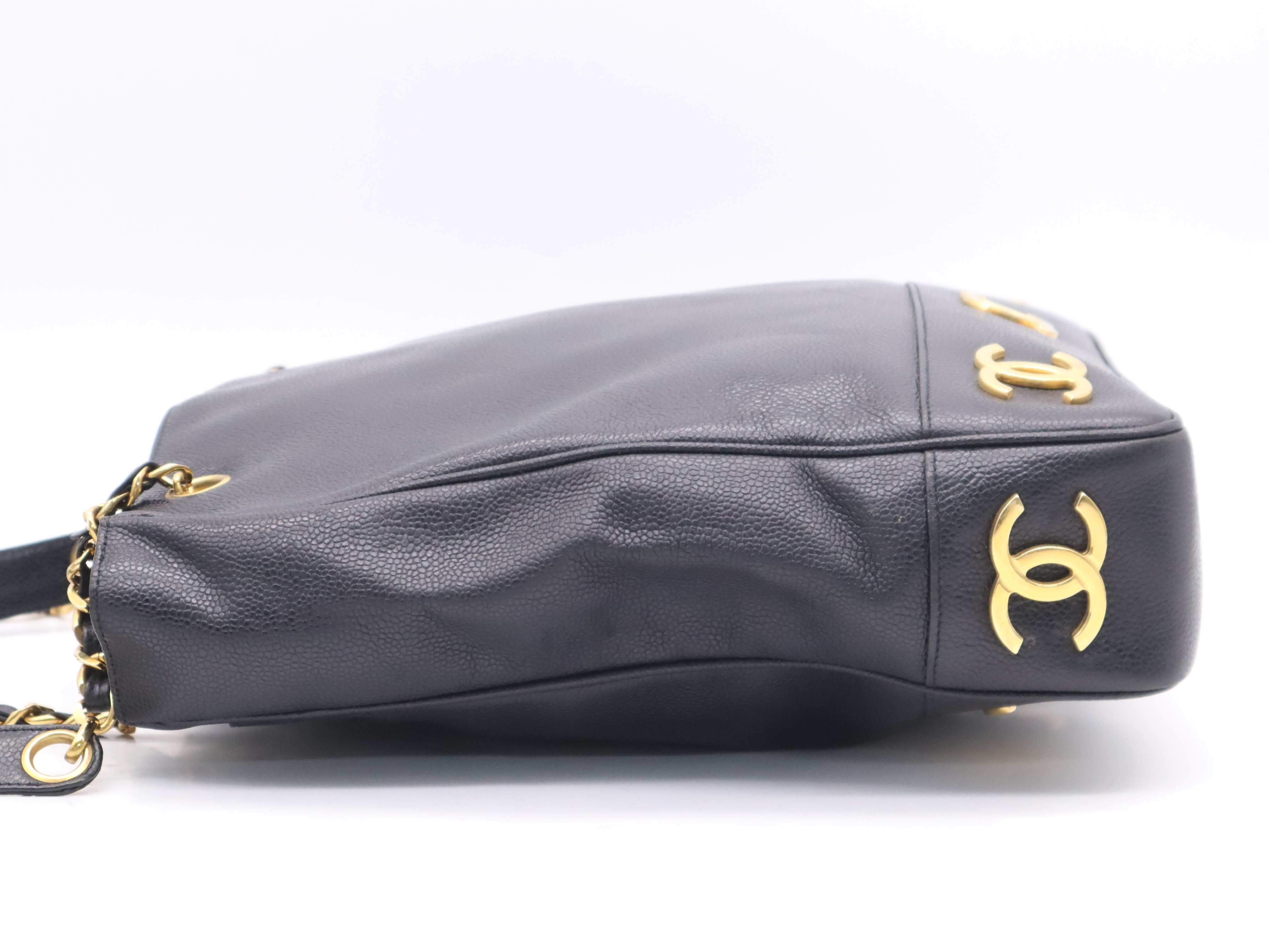 Caviar Skin Triple Coco Chain Tote Bag with Gold Hardware, Black, with seal marks. — view 3