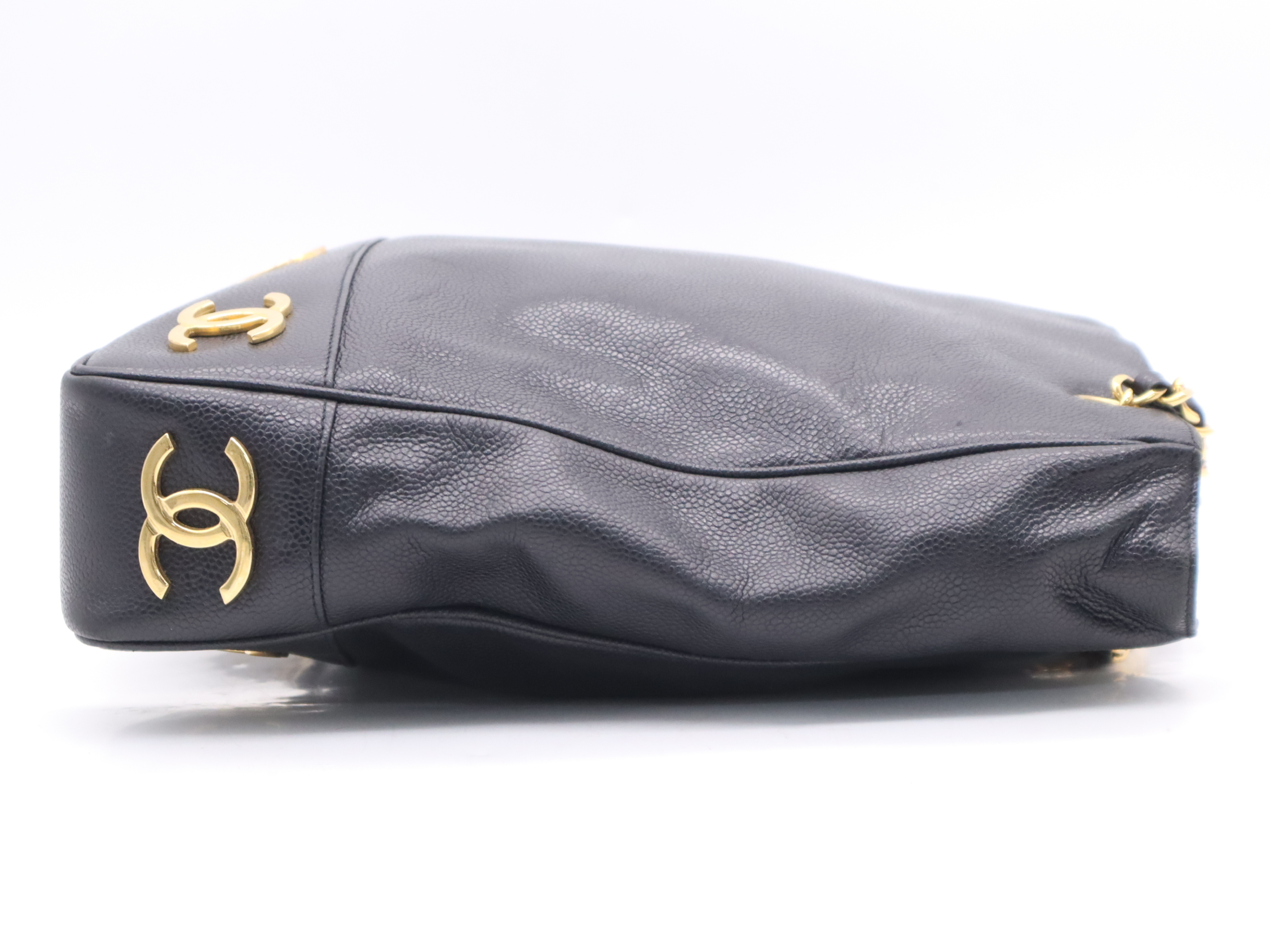 Caviar Skin Triple Coco Chain Tote Bag with Gold Hardware, Black, with seal marks. — view 5