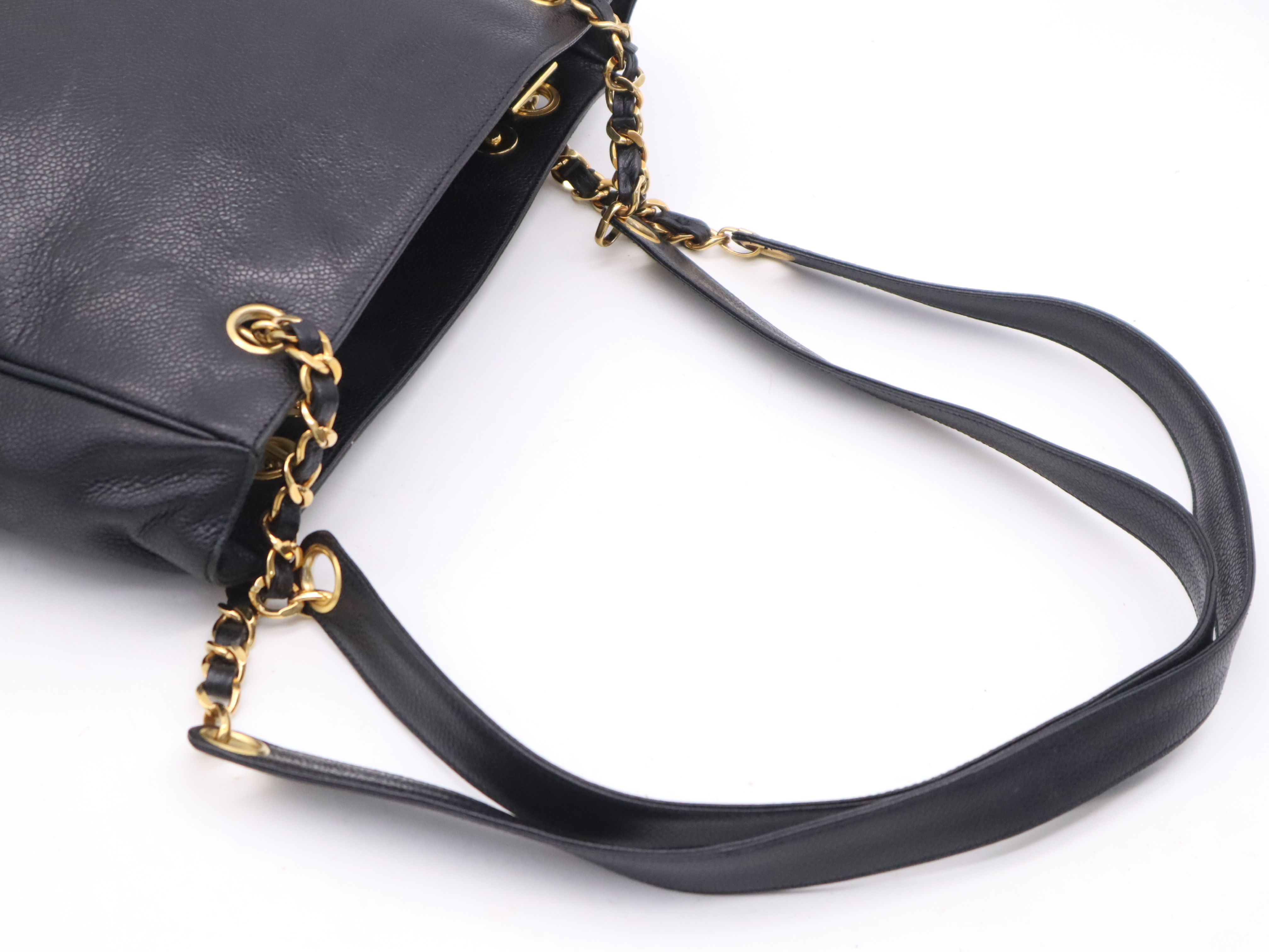Caviar Skin Triple Coco Chain Tote Bag with Gold Hardware, Black, with seal marks. — view 6