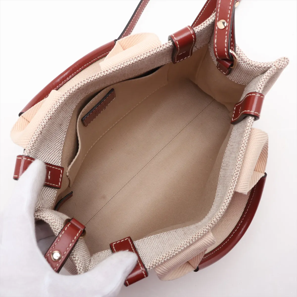 Woody Small Canvas x Leather Handbag, Beige x Brown — view 8