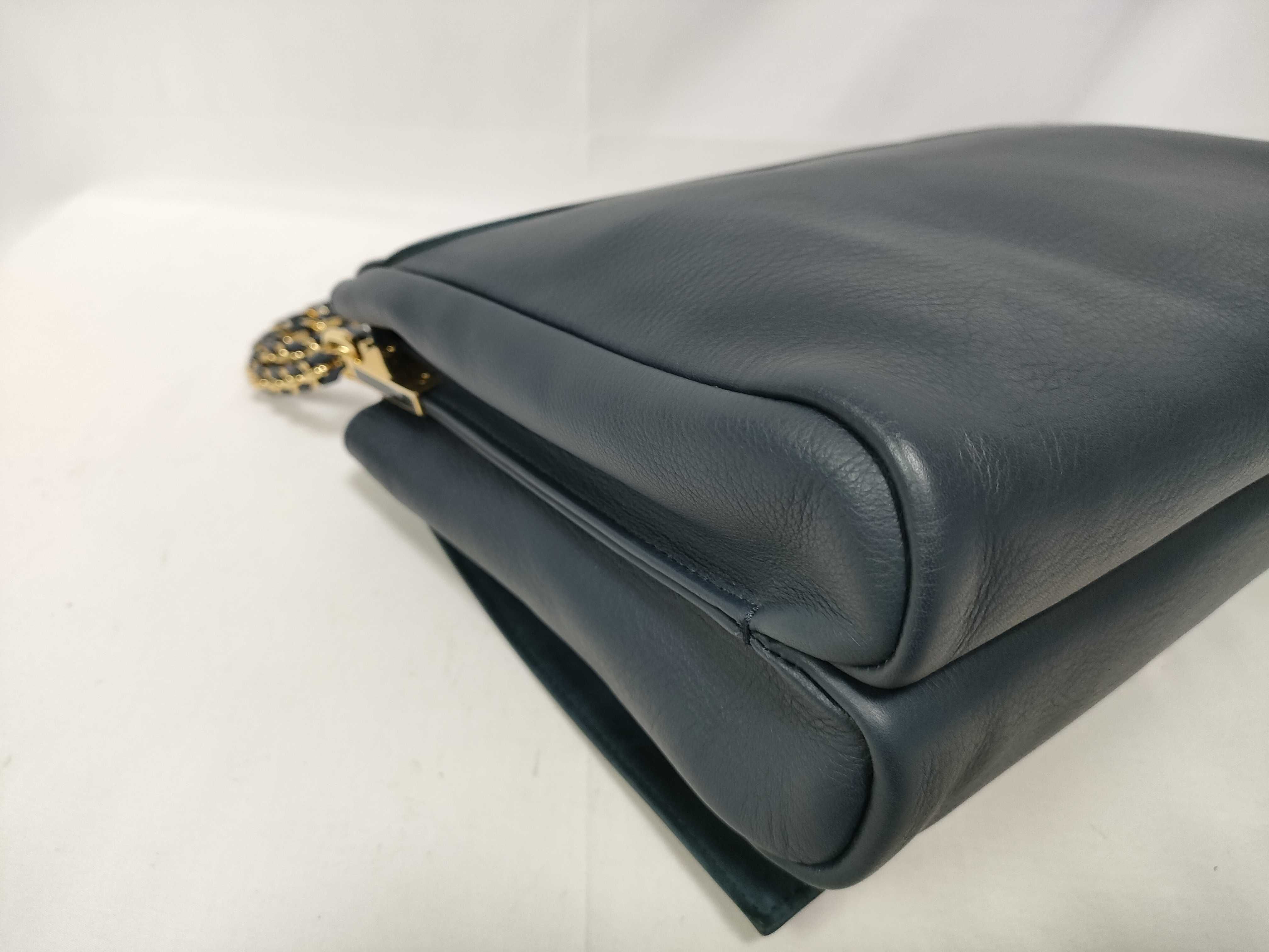 Embossed Pecan Chain Shoulder Bag, Navy — view 4