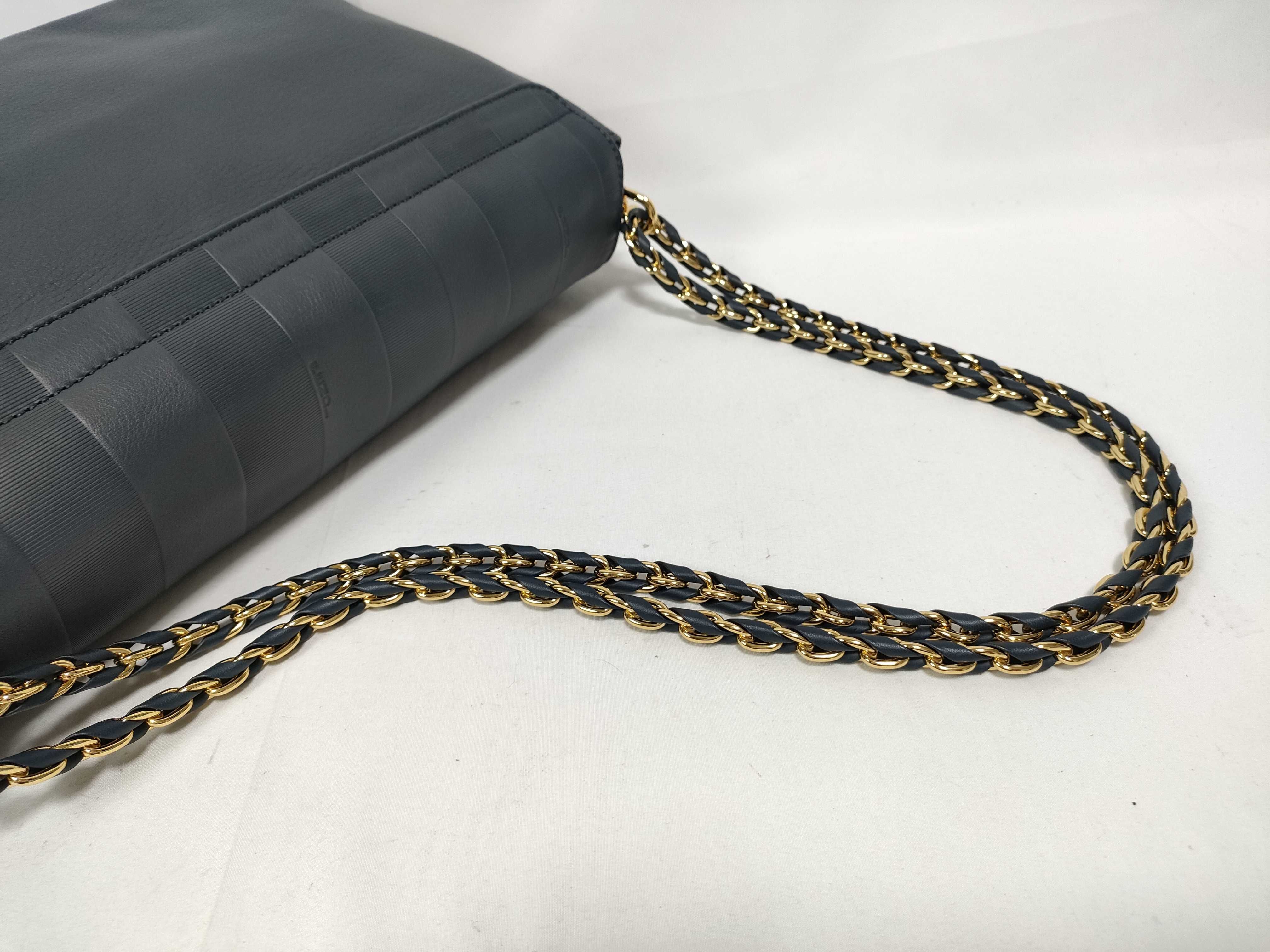 Embossed Pecan Chain Shoulder Bag, Navy — view 7