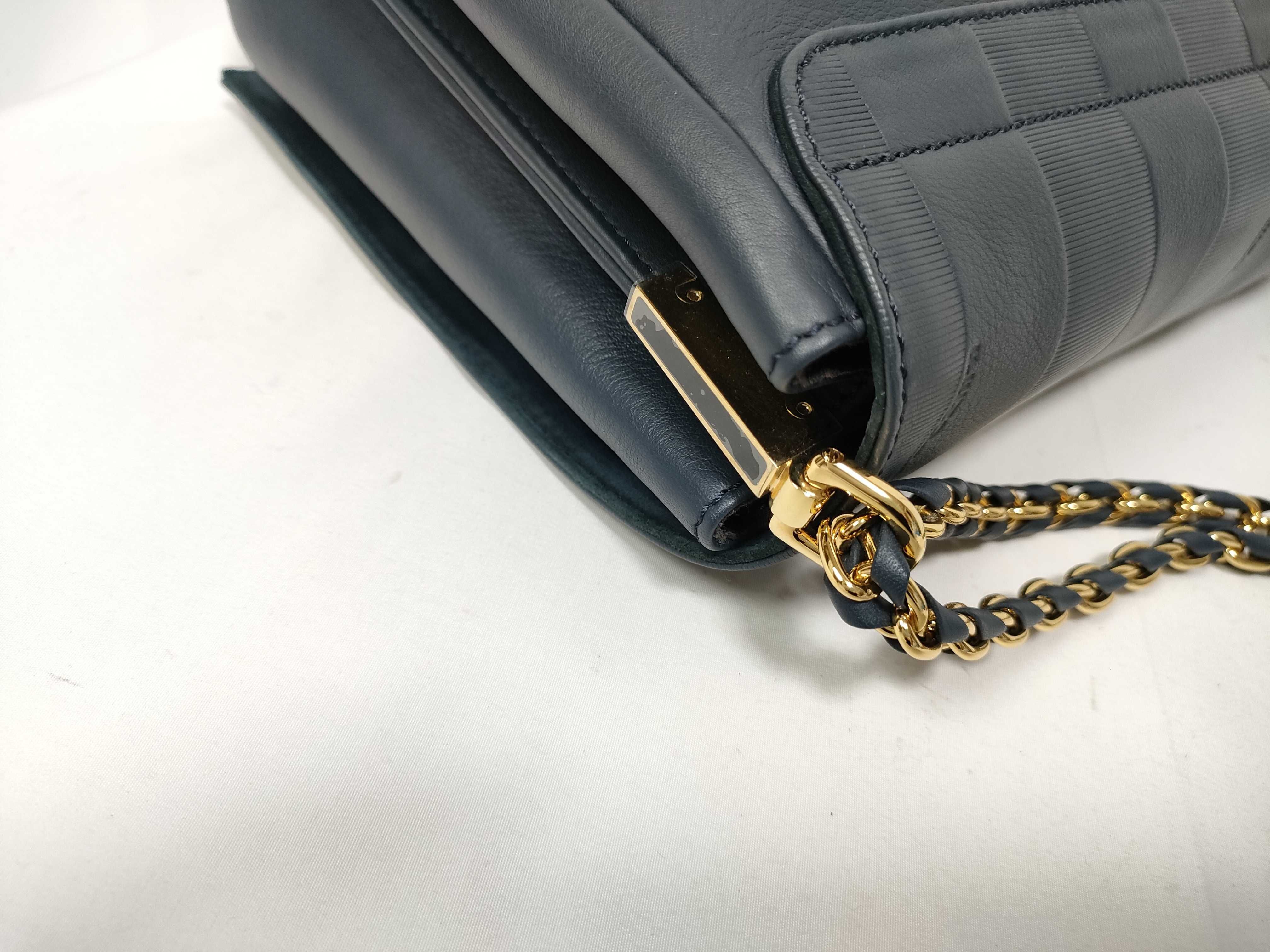 Embossed Pecan Chain Shoulder Bag, Navy — view 8