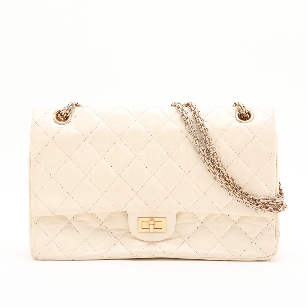 Matelassé 2.55 Large Vintage Calf Double Flap Double Chain Bag, Ivory, Gold Hardware, 14586051, Serial Number 14, A37587