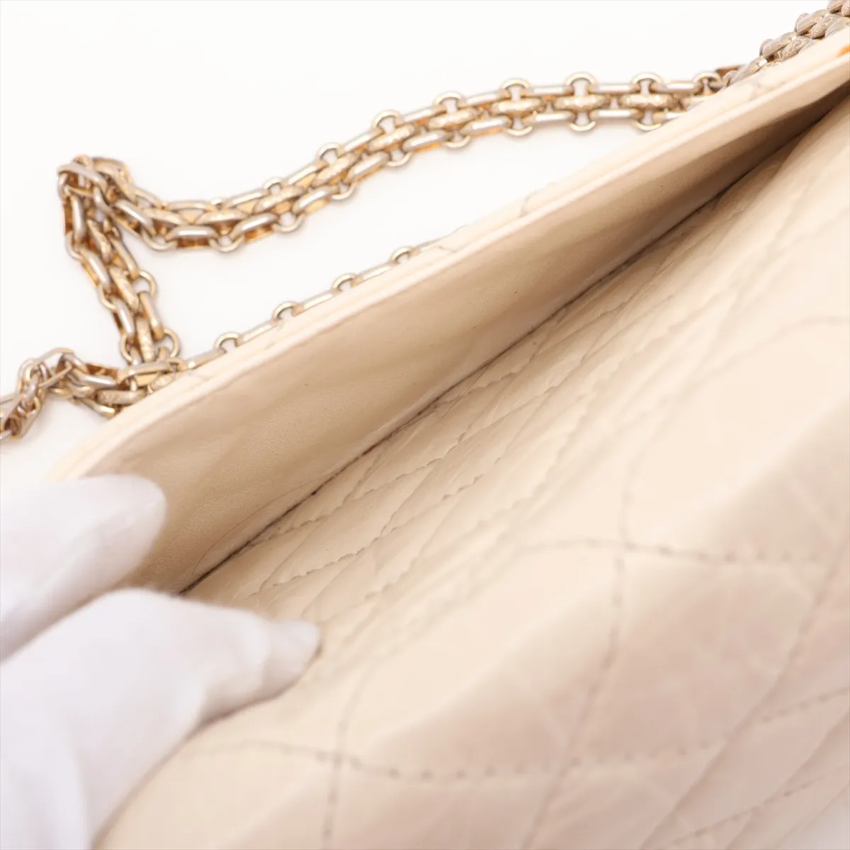 Matelassé 2.55 Large Vintage Calf Double Flap Double Chain Bag, Ivory, Gold Hardware, 14586051, Serial Number 14, A37587 — view 11