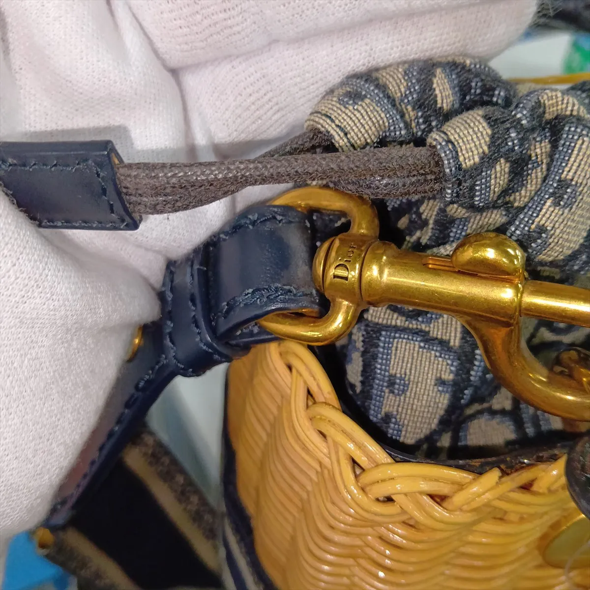 Lady Dior Wicker Rattan x Canvas 2-Way Handbag Beige x Navy — view 13