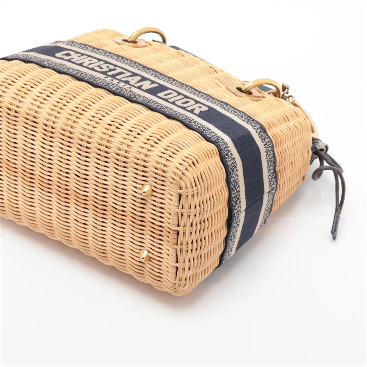 Lady Dior Wicker Rattan x Canvas 2-Way Handbag Beige x Navy — view 3