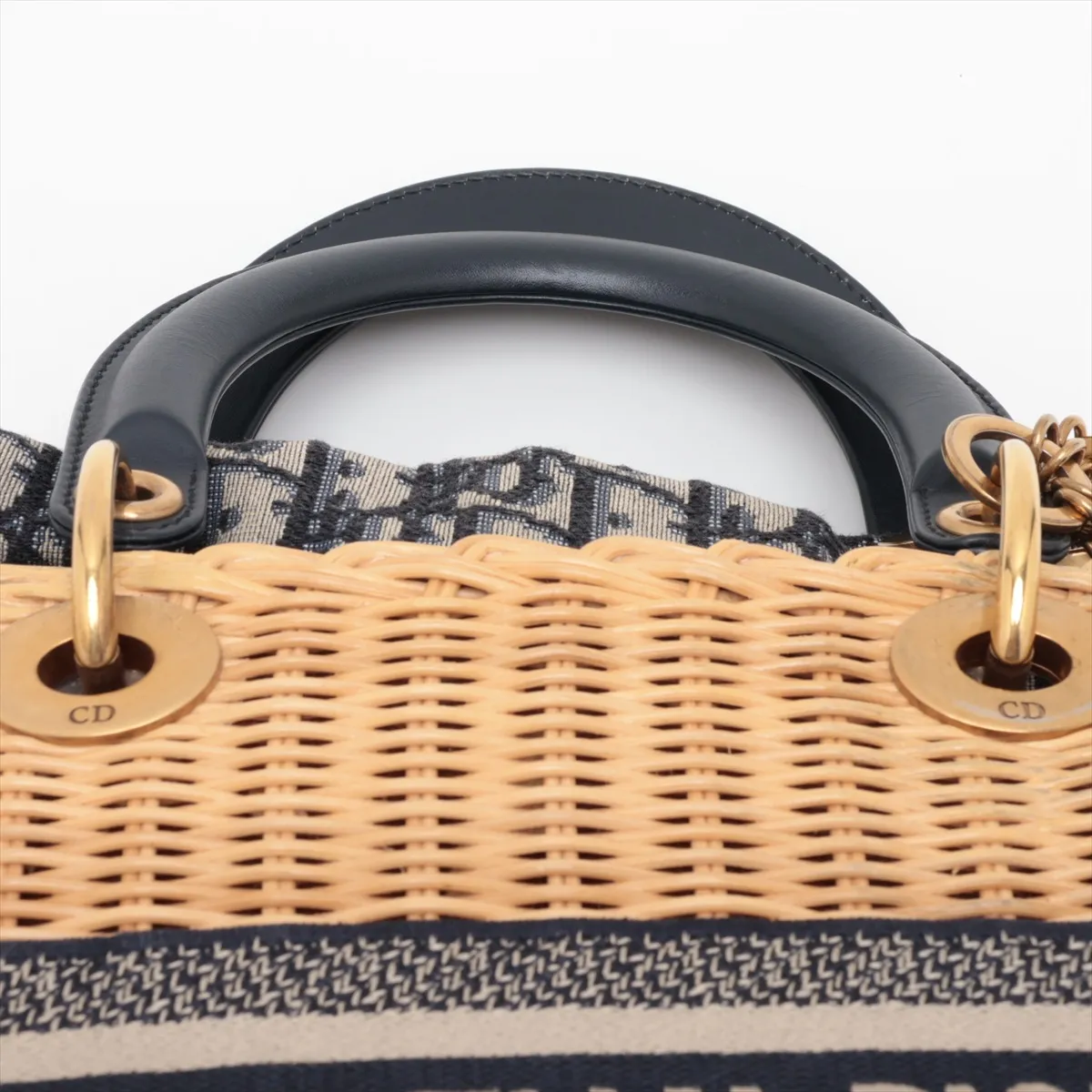 Lady Dior Wicker Rattan x Canvas 2-Way Handbag Beige x Navy — view 6