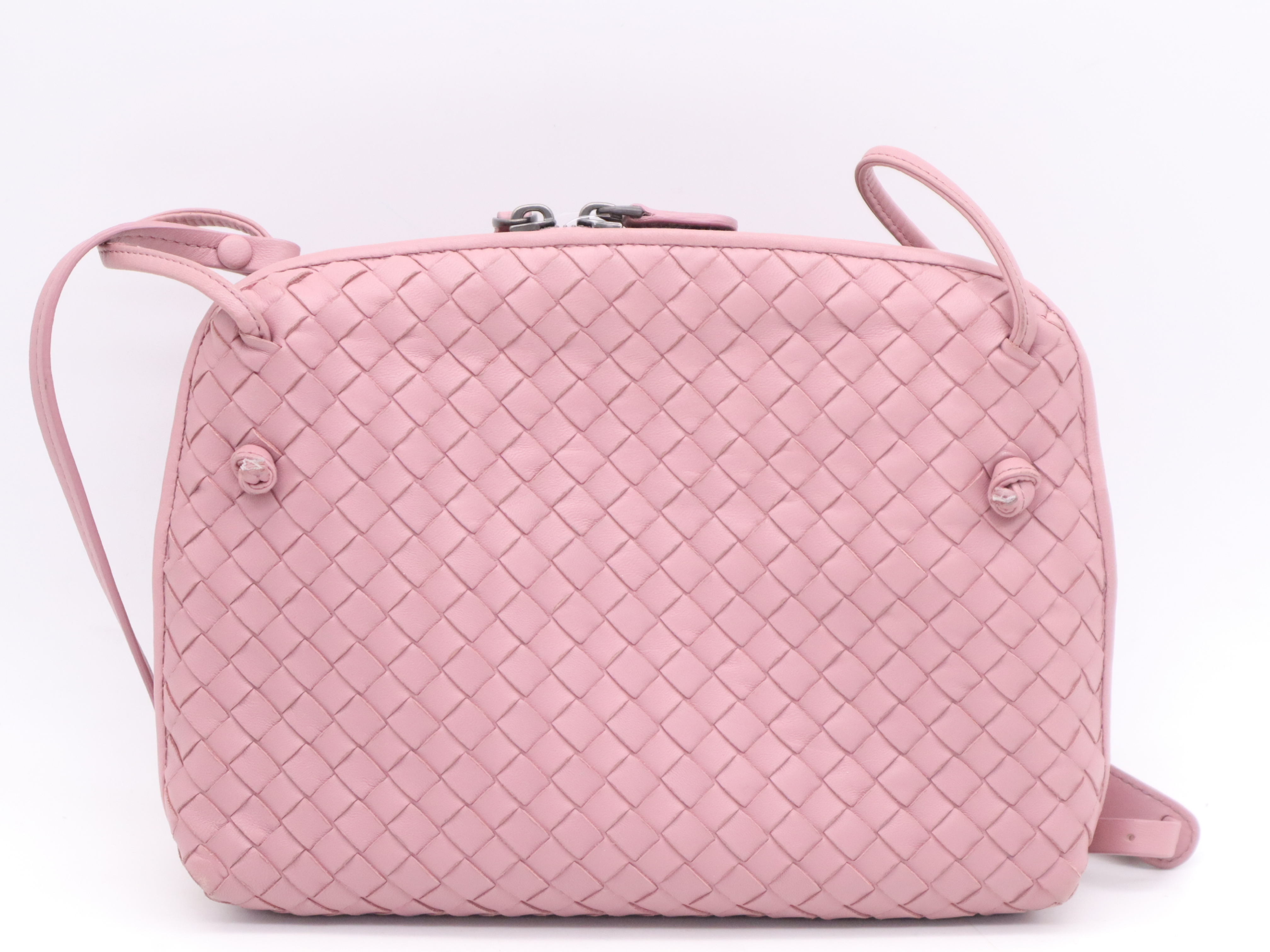 Leather Intrecciato Shoulder Bag, with Dust Bag, Box, and Mirror, Pink Shoulder Bag — view 2