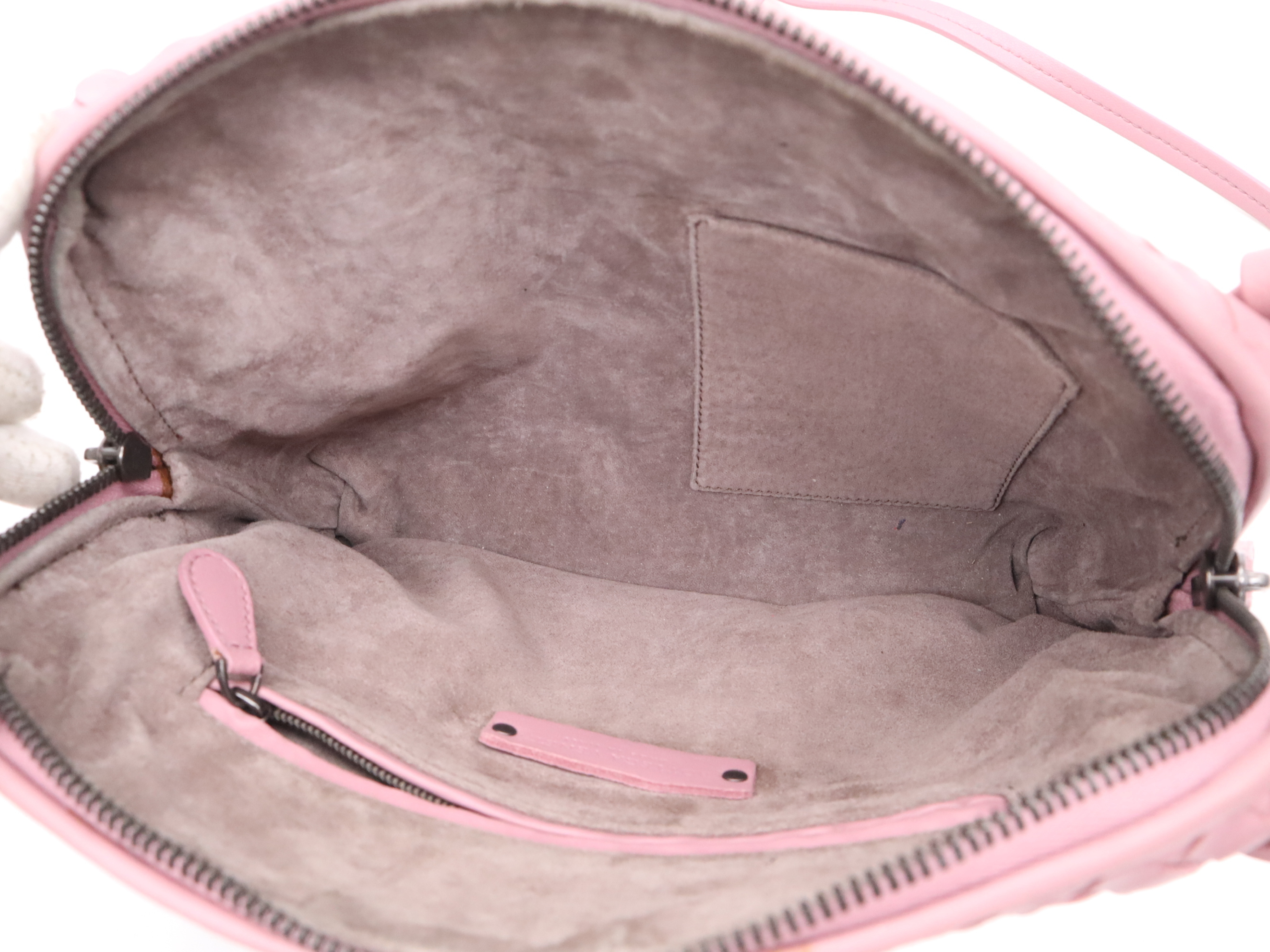 Leather Intrecciato Shoulder Bag, with Dust Bag, Box, and Mirror, Pink Shoulder Bag — view 12