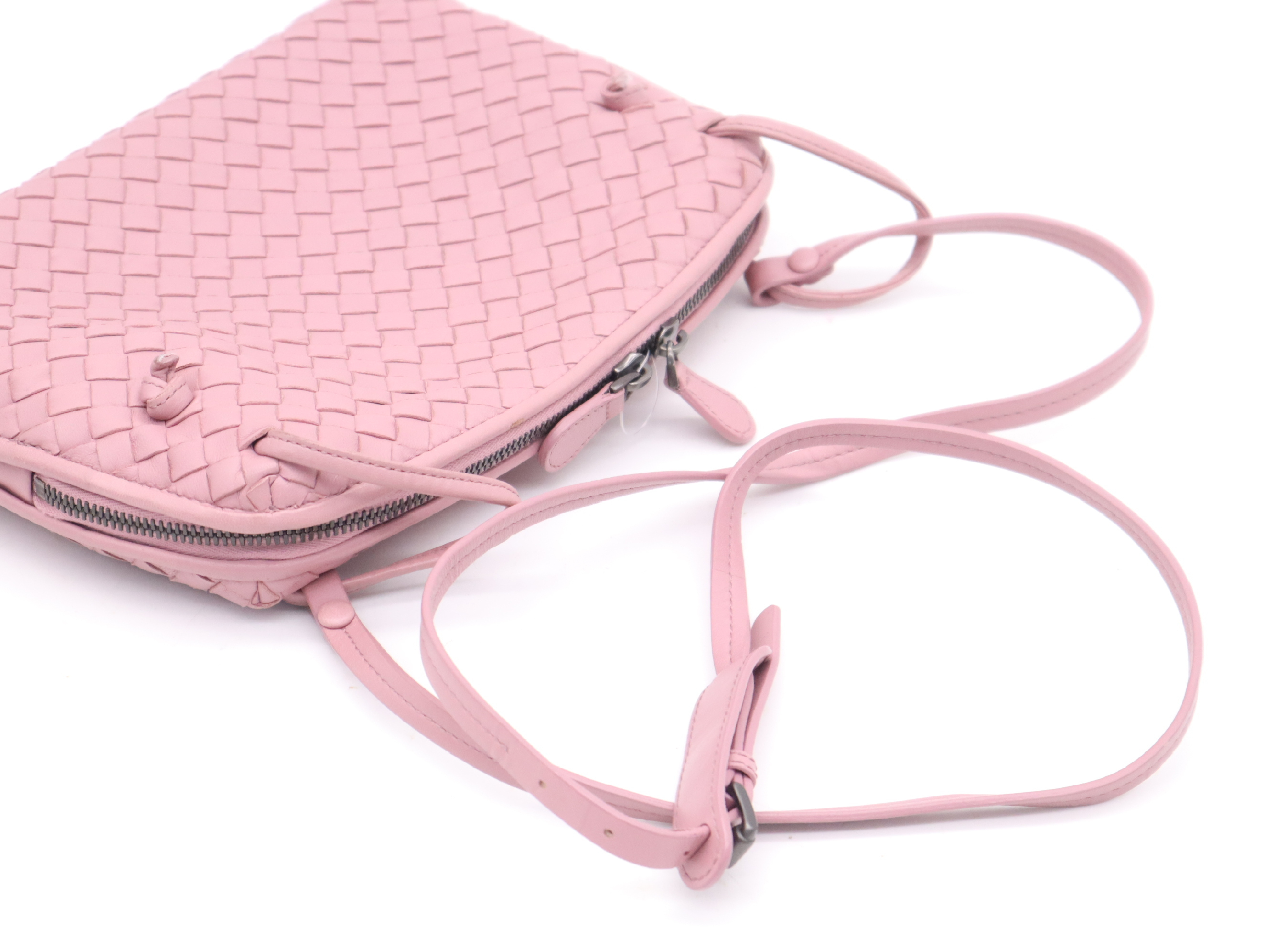 Leather Intrecciato Shoulder Bag, with Dust Bag, Box, and Mirror, Pink Shoulder Bag — view 6
