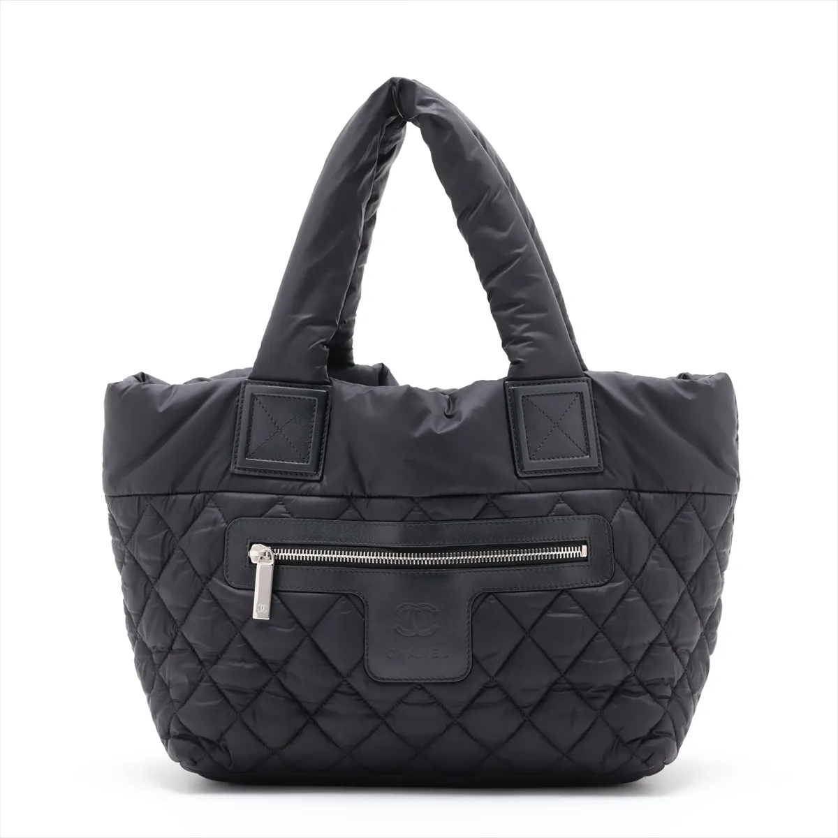 Coco Cocoon Nylon x Leather Tote Bag, Black, Silver Hardware, 19938207, Serial Number 19-series, External Stitching.