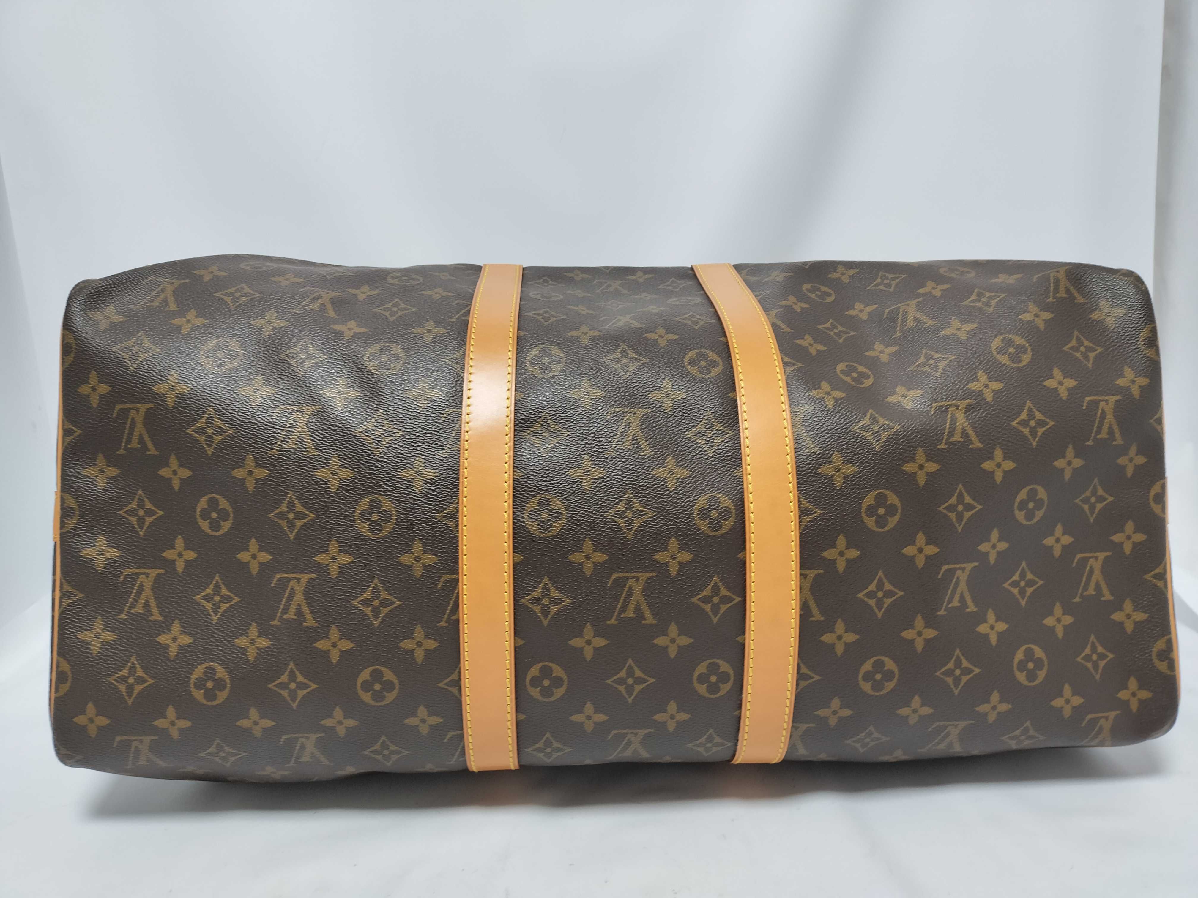 LV Keepall Bandoulière 55 M41414 Monogram Boston Bag with Key, Padlock, Strap, Handle Strap, Name Tag, and Dust Bag — view 8