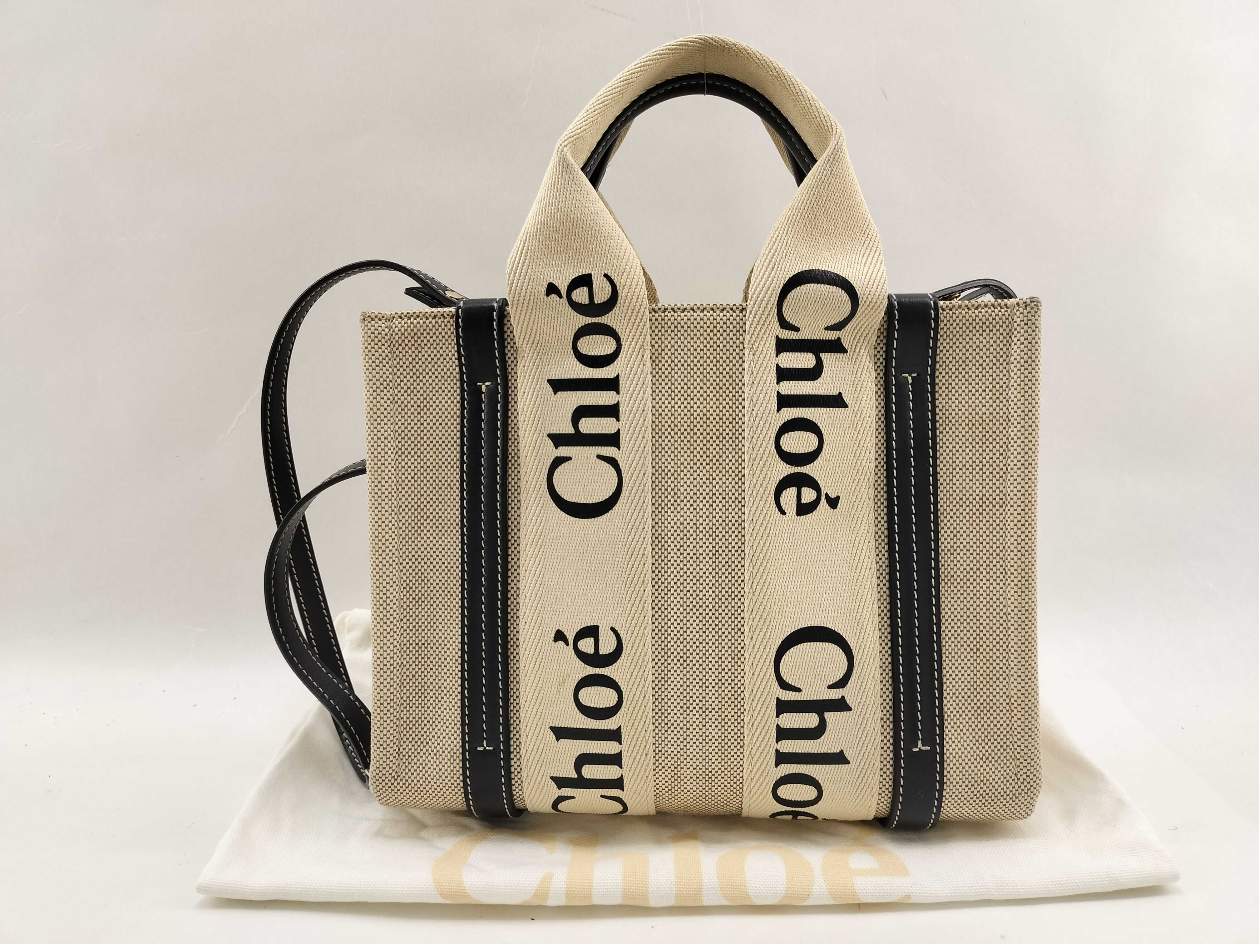 Woody Small Canvas x Leather 2-Way Handbag, Beige x Navy