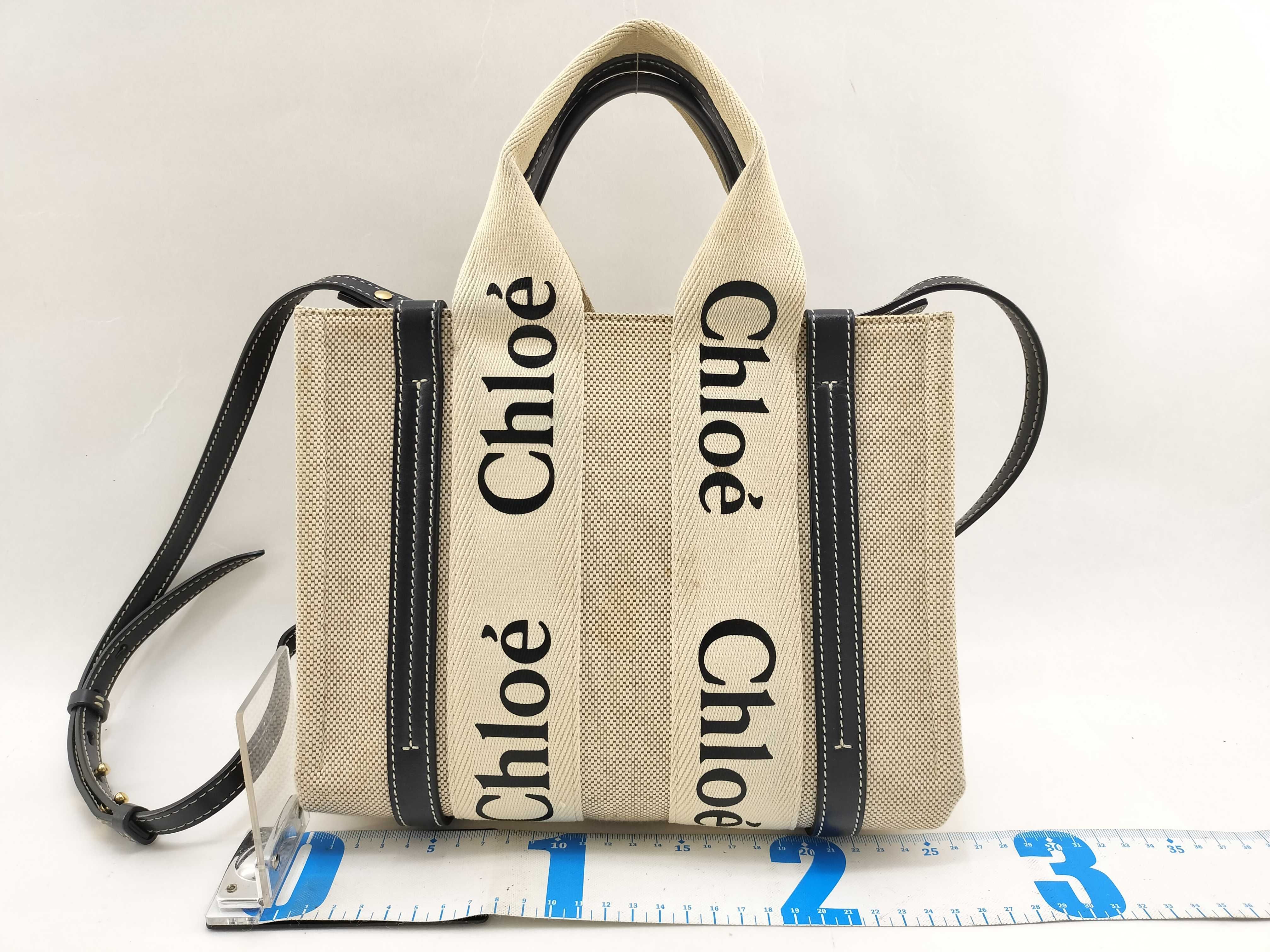 Woody Small Canvas x Leather 2-Way Handbag, Beige x Navy — view 2