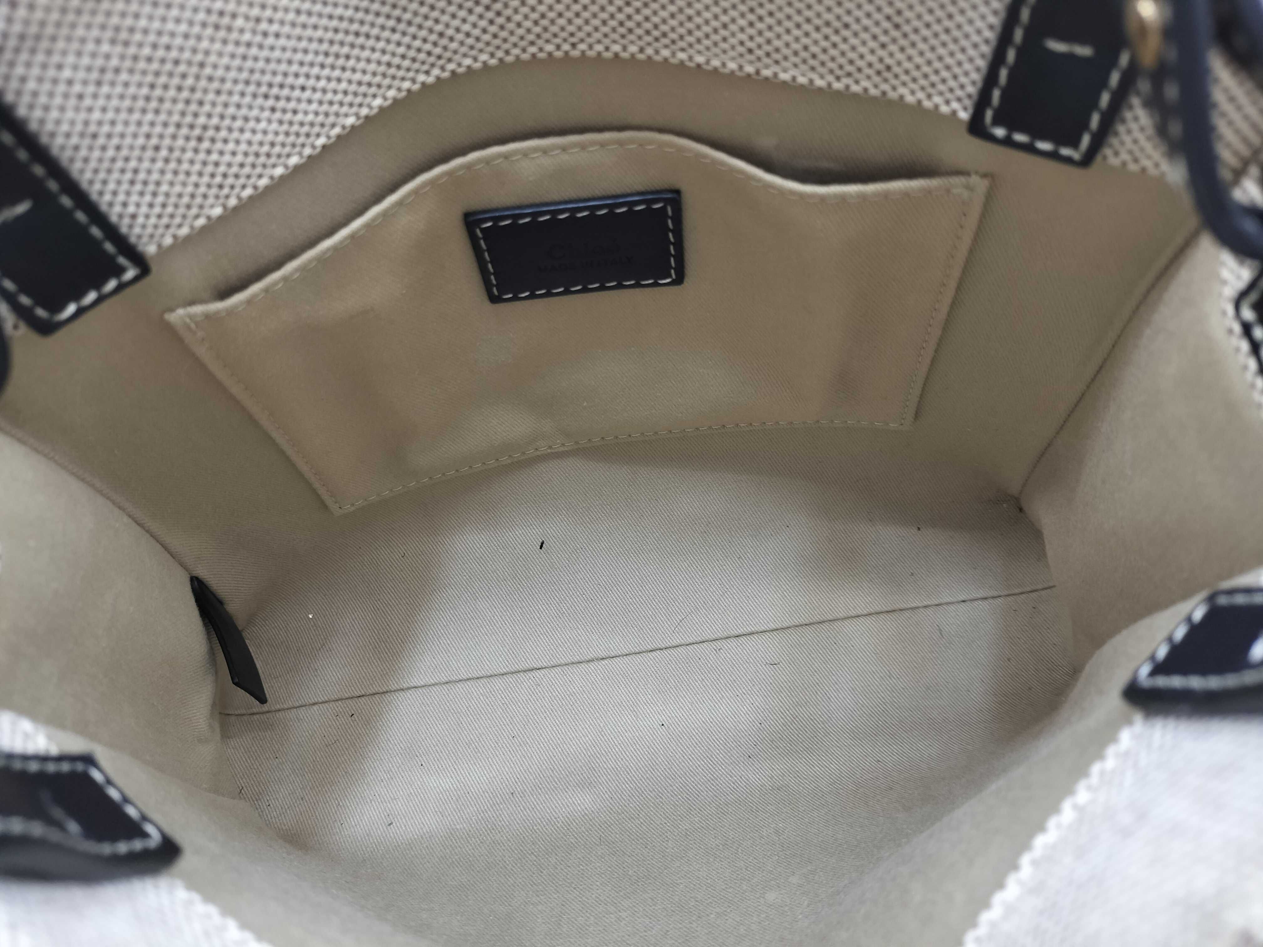 Woody Small Canvas x Leather 2-Way Handbag, Beige x Navy — view 12
