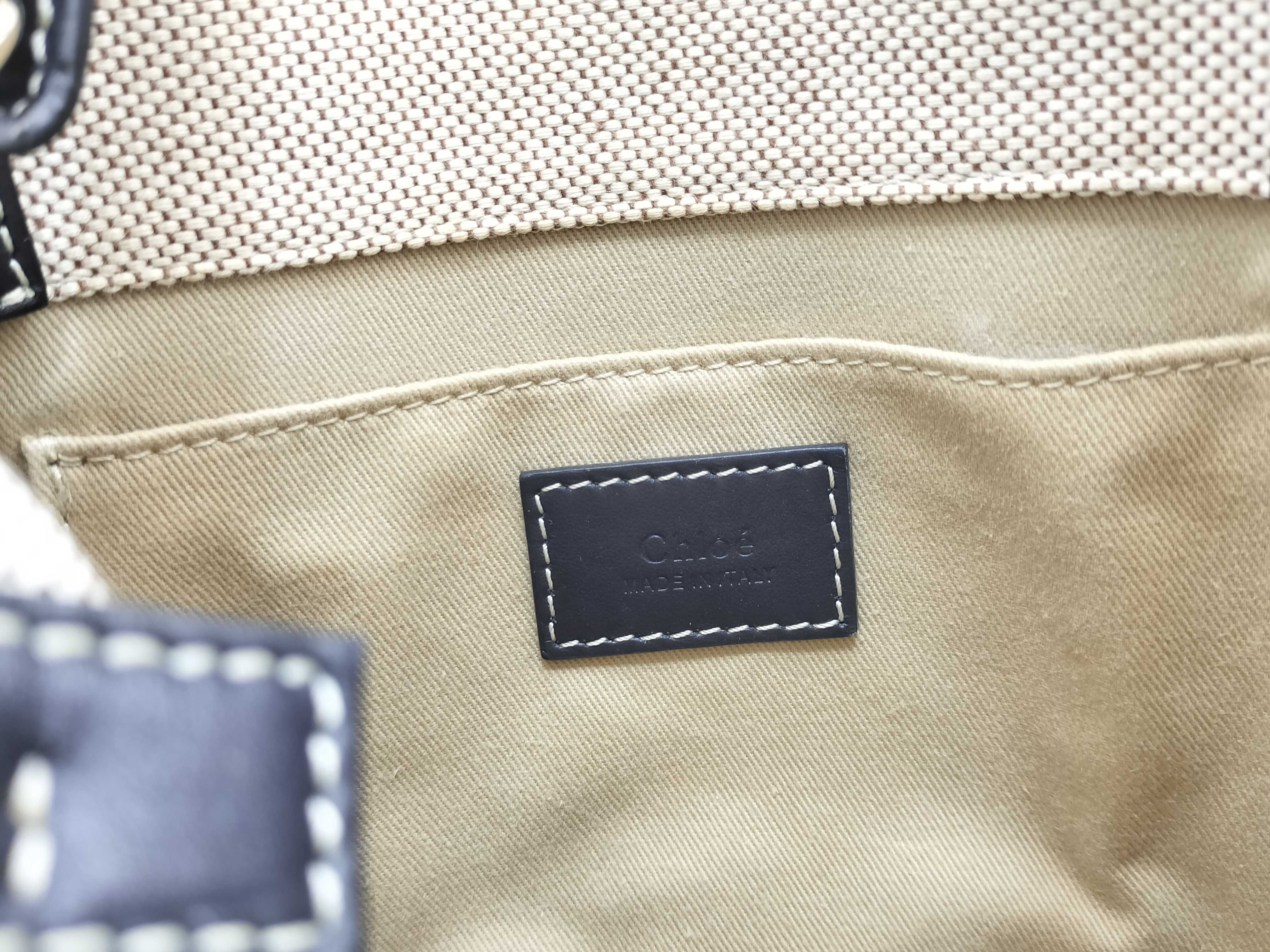 Woody Small Canvas x Leather 2-Way Handbag, Beige x Navy — view 13