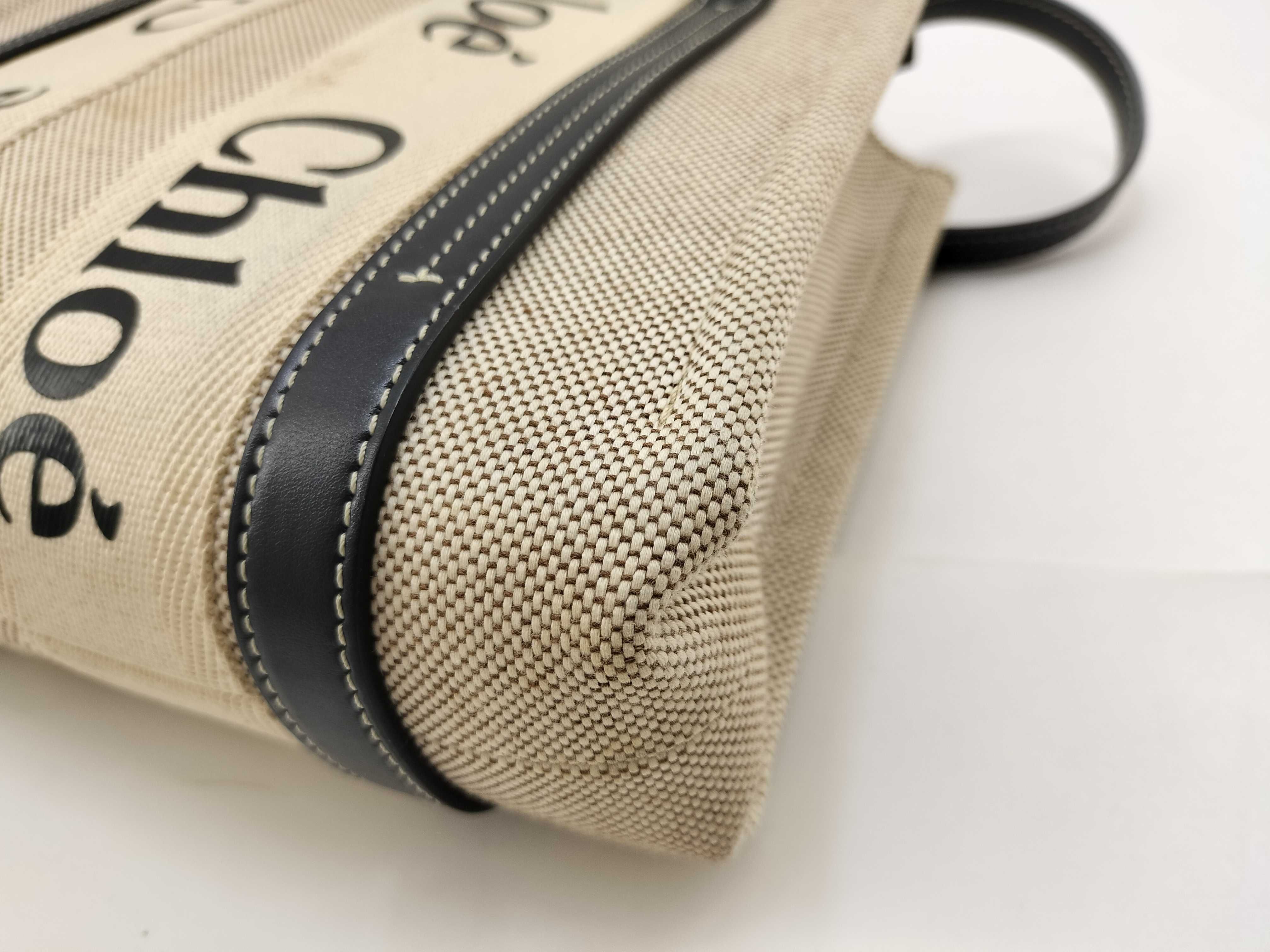 Woody Small Canvas x Leather 2-Way Handbag, Beige x Navy — view 4