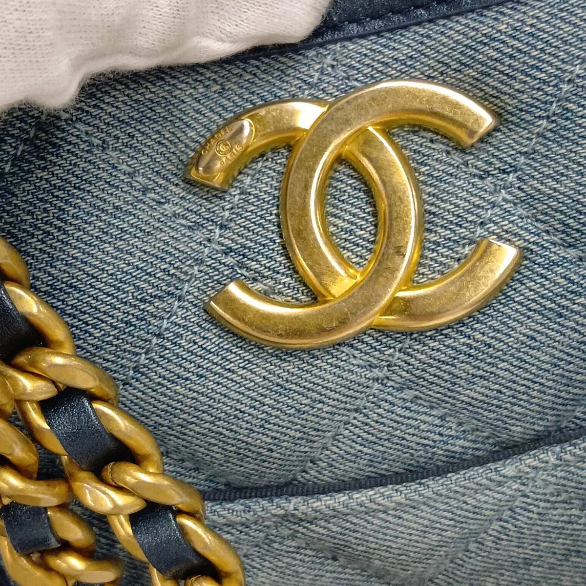 [Individually packaged] Chanel Matelassé Denim Chain Shoulder Bag, Navy, Gold Hardware, KE548055, Random Plate — view 12