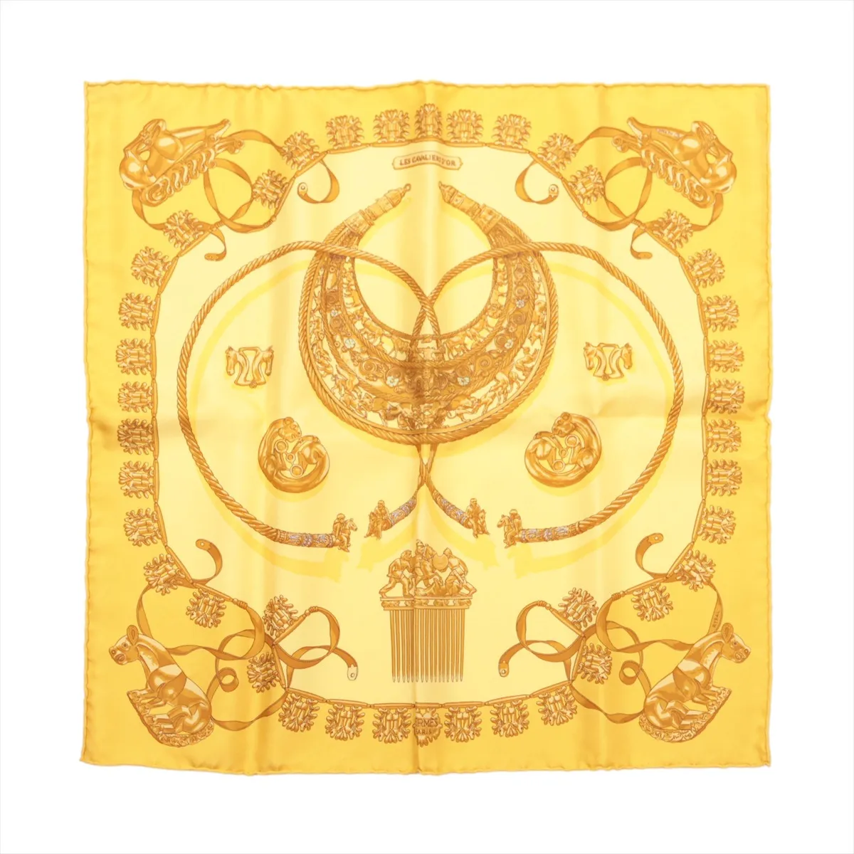 Carre 45 LES CAVALIERS D'OR (Golden Knights) Scarf, Silk, Yellow, Some wear, snags, pilling.