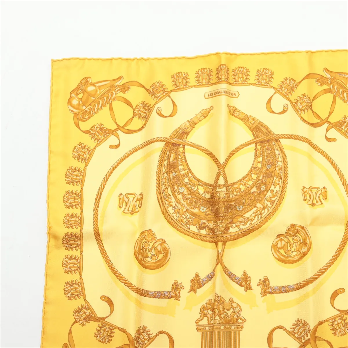 Carre 45 LES CAVALIERS D'OR (Golden Knights) Scarf, Silk, Yellow, Some wear, snags, pilling. — view 2