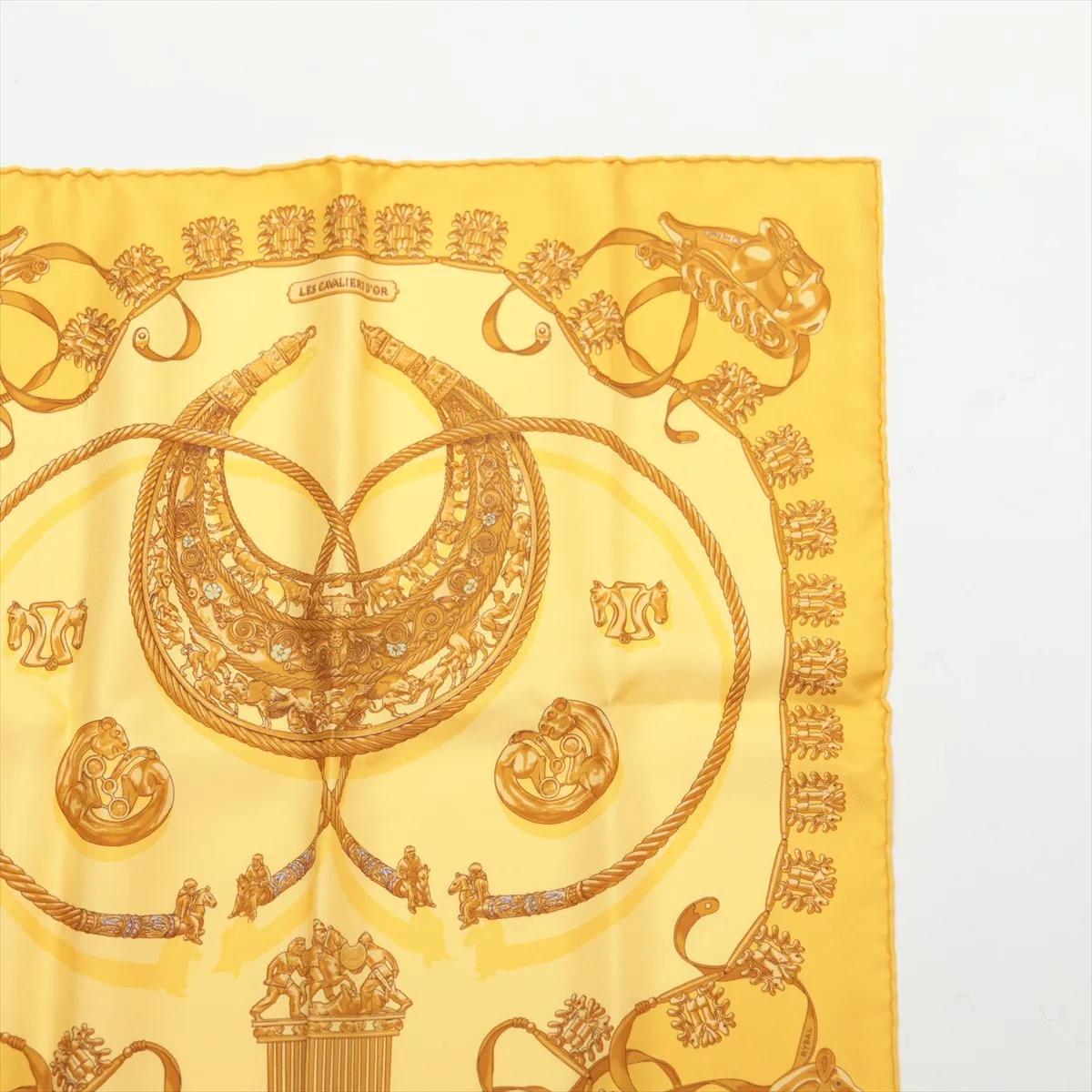 Carre 45 LES CAVALIERS D'OR (Golden Knights) Scarf, Silk, Yellow, Some wear, snags, pilling. — view 3