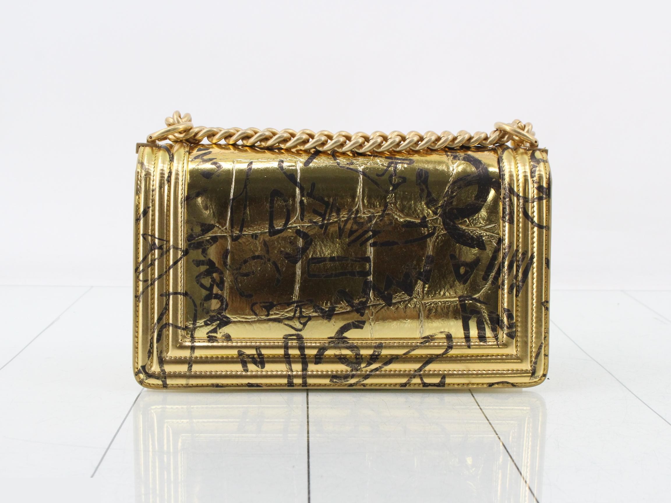 Boy Chanel Leather Graffiti Chain Shoulder Bag, Gold Color — view 2
