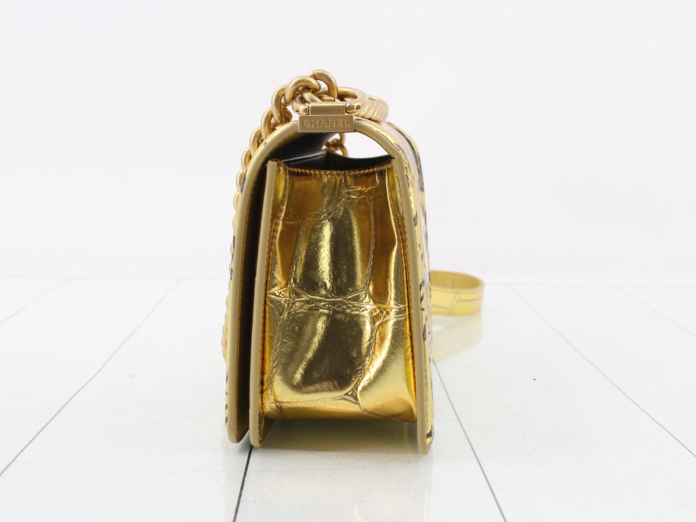 Boy Chanel Leather Graffiti Chain Shoulder Bag, Gold Color — view 3