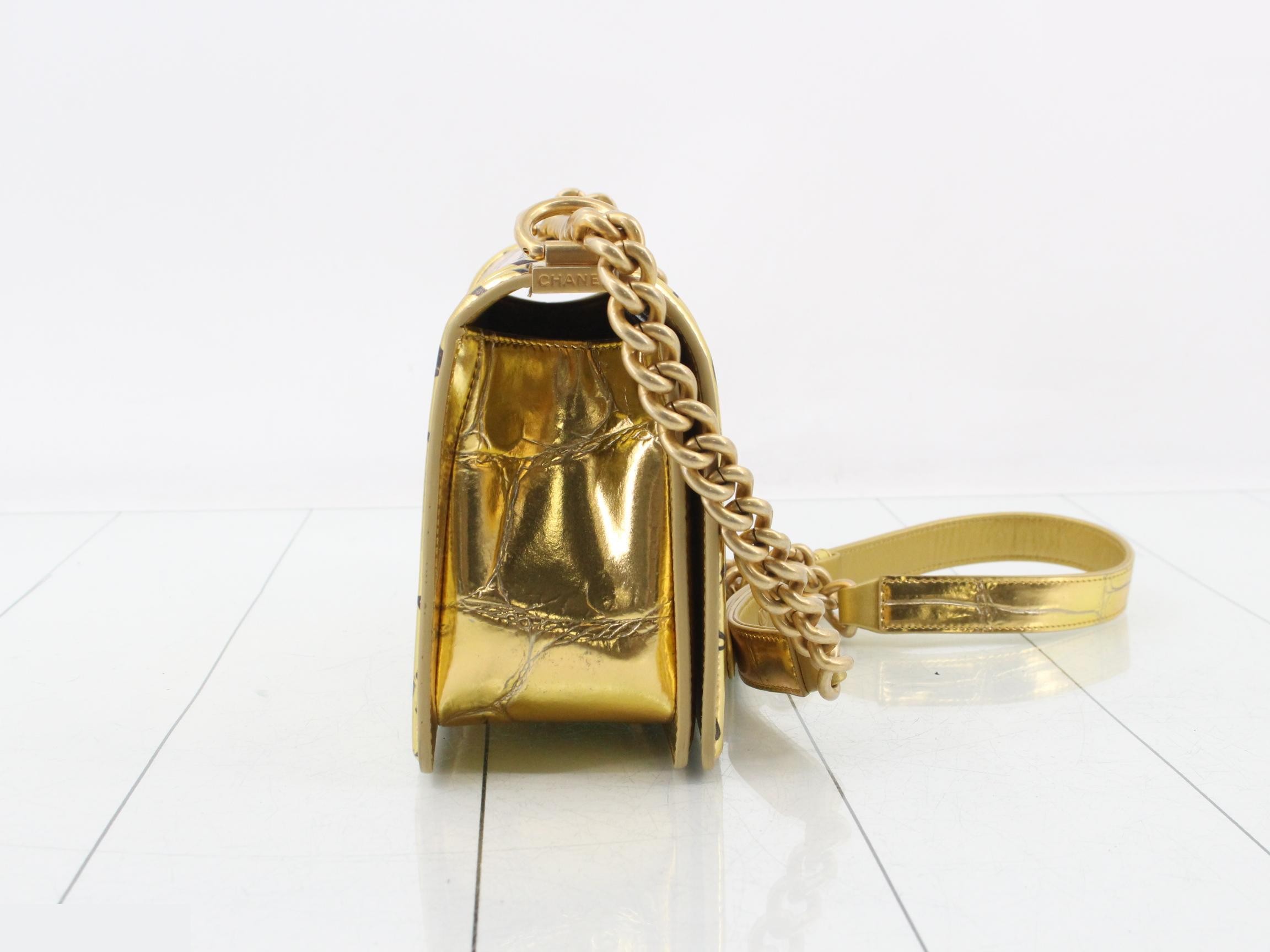Boy Chanel Leather Graffiti Chain Shoulder Bag, Gold Color — view 4