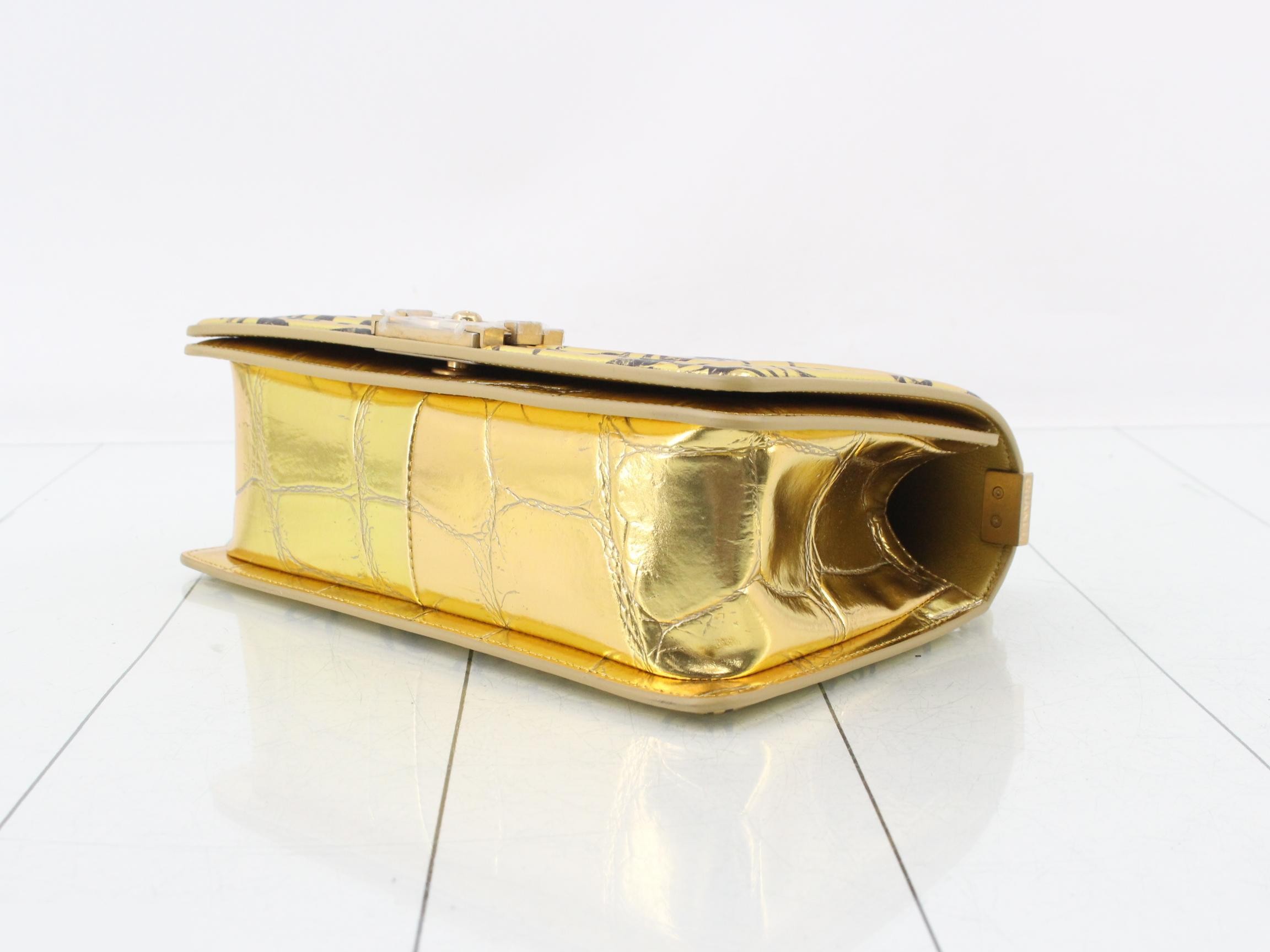 Boy Chanel Leather Graffiti Chain Shoulder Bag, Gold Color — view 6